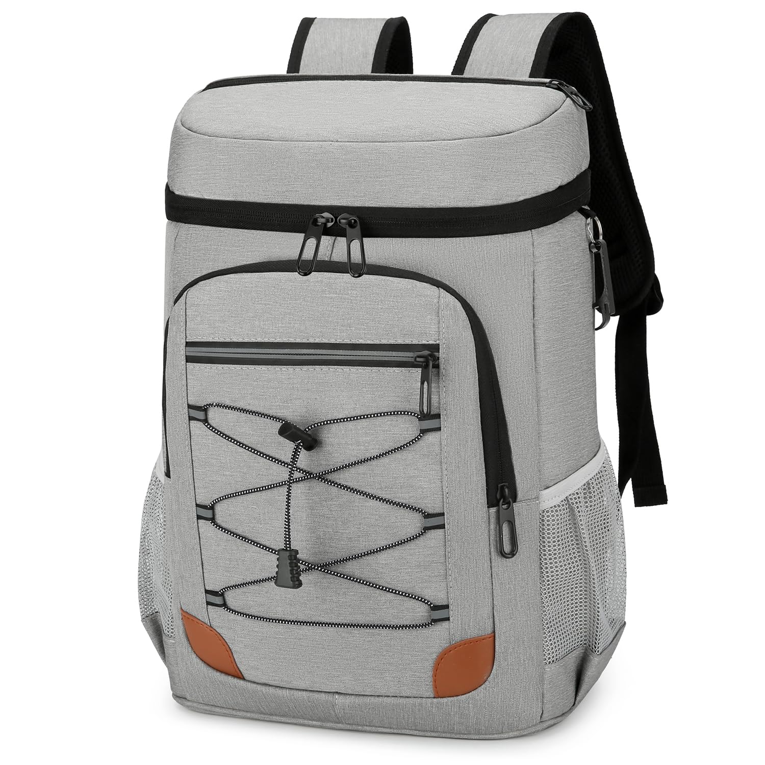 Outplea 25L Soft Cooler Backpack with Bottle Opener, 24-Can Large Insulated Picnic Bag, Leakproof Thermal Rucksack for Camping Beach BBQ Lunch, Grey