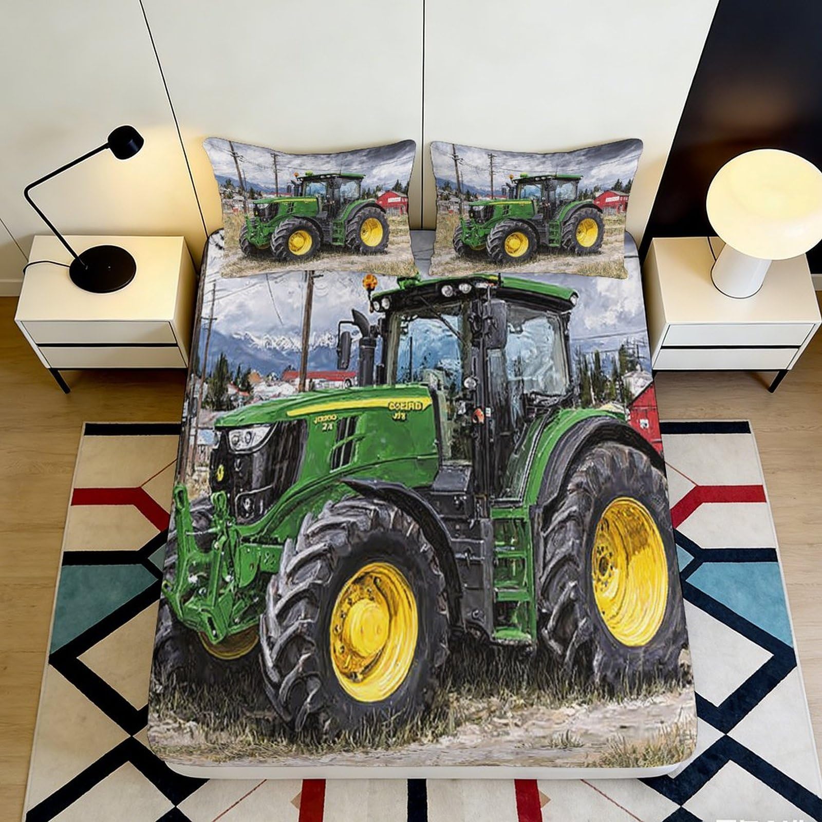 3D Printed Green Tractor Fitted Sheet Microfiber Soft Breathable Farm Scene Bed Sheet for Bedroom Dorm Decor 90x200x25cm