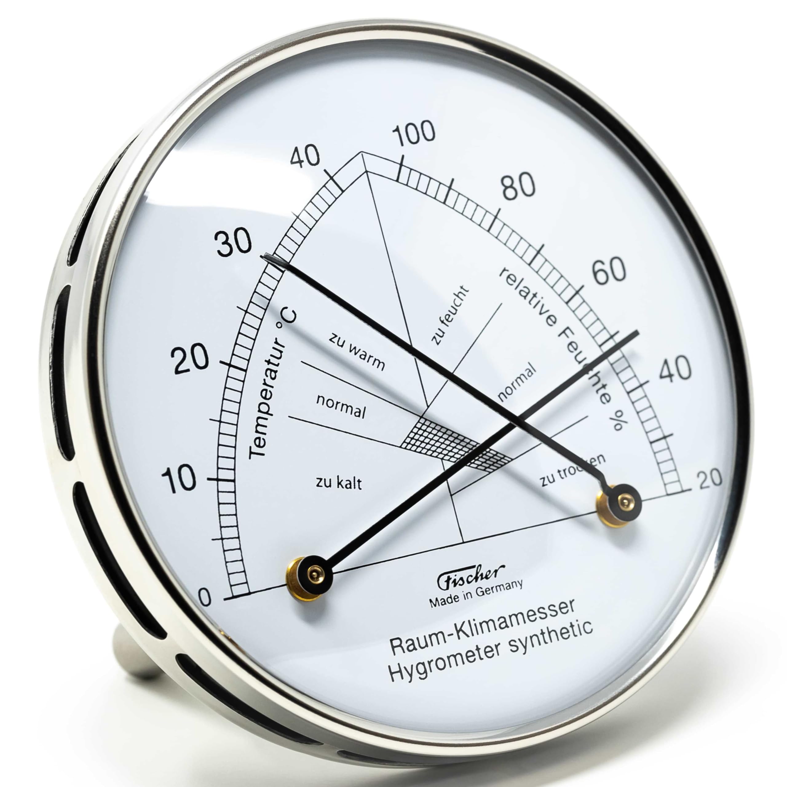 Fischer 142.01-01, Raum-Klimamesser, Thermohygrometer, Made in Germany | Synthetic-Hygrometer u. Bimetall-Thermometer mit Edelstahl-Pins, Messbereich 20-100 % r. F. und 0-40 °C