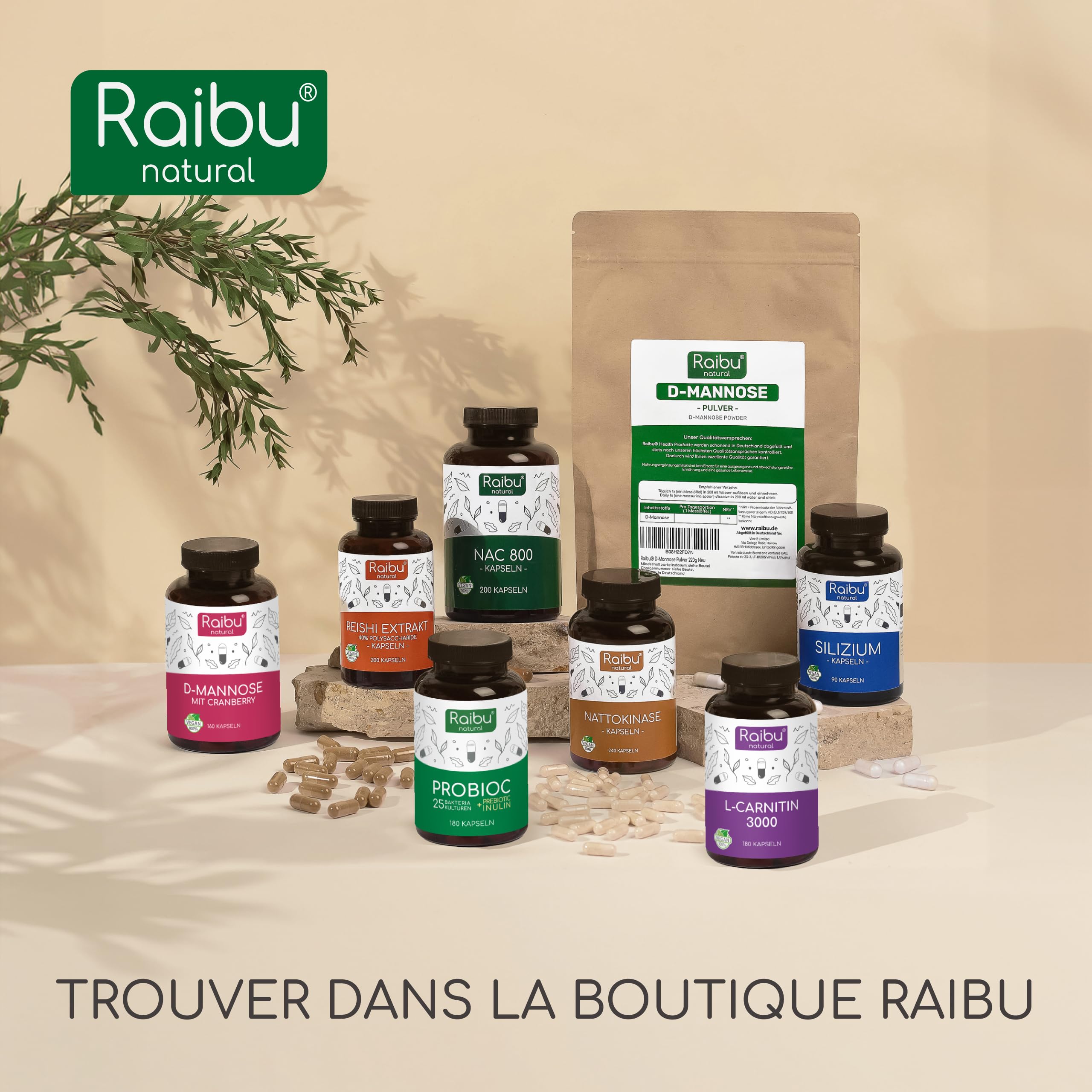 D-Mannose Raibu - Pur 2100 mg par Dose Quotidienne Fortement Dosée - Avec canneberge et vitamine C, 160 gélules - D Mannose Végan, sans additifs & hautement biodisponible - Testé en laboratoire
