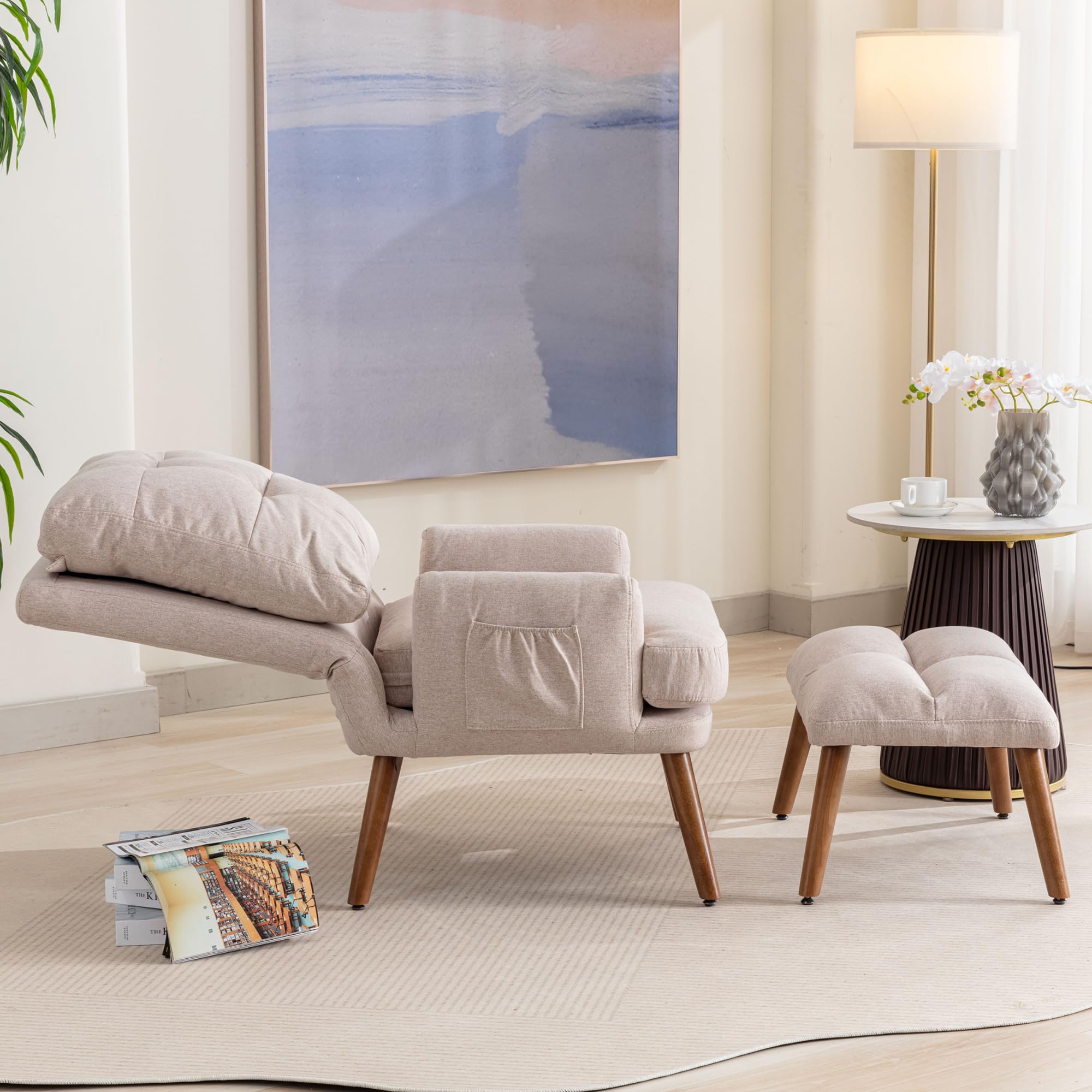Merax Poltrona relax con funzione reclinabile a 10 livelli, comoda poltrona con sgabello, poltrona con tasche laterali, beige