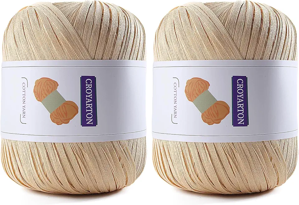 Pacote com 2 fios de ráfia para crochê, fio de algodão macio para crochê, bolsa de praia de verão / chapéu, 228 jardas/fio de papel de fita de 100 g para iniciantes, bolsa de tricô manual DIY (Cáqui)