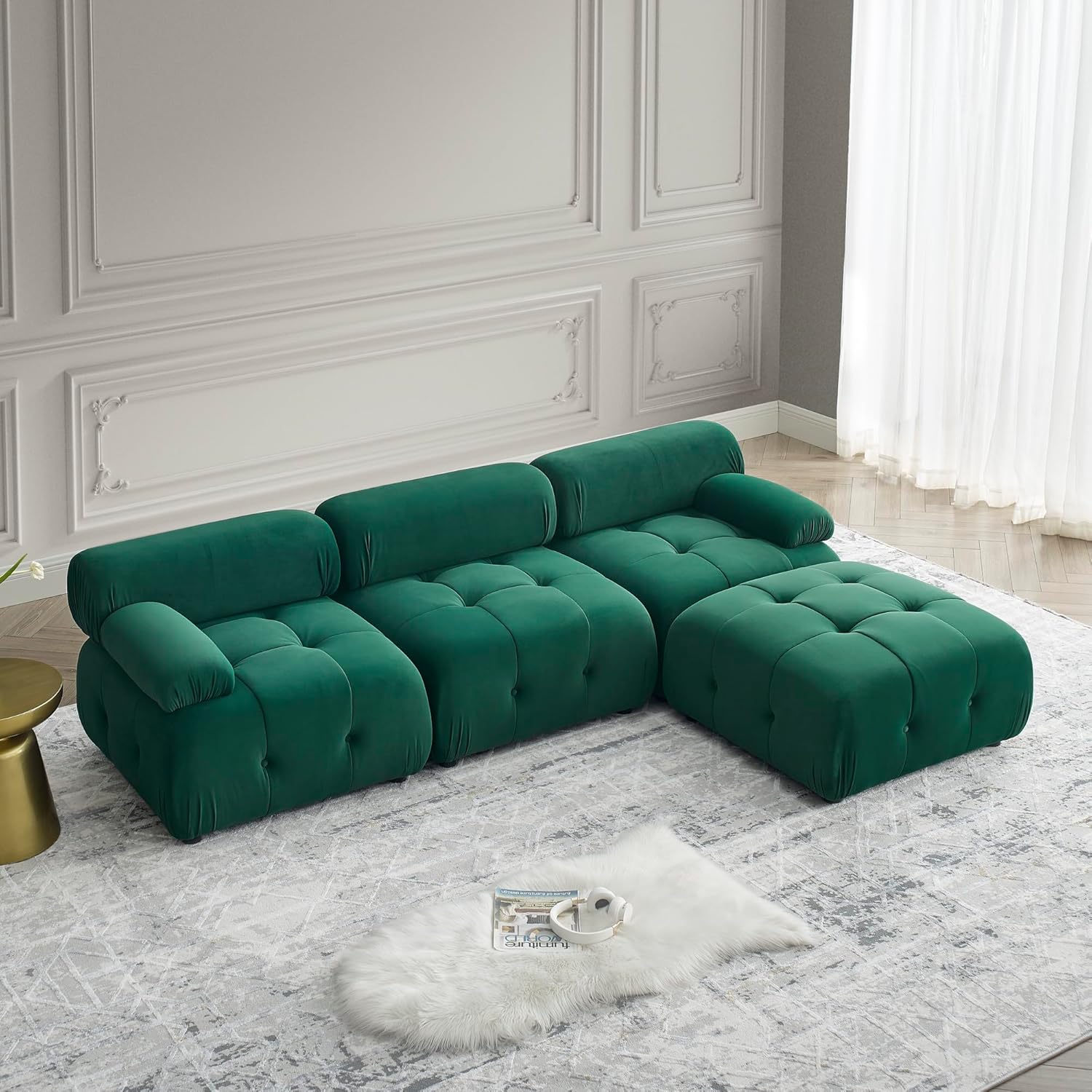 Modular Sectional Sofa with Reversible Ottoman,L Shaped Couch with Button Tufted Designed and Free Combination,Easy to Install,for Living Apartment,Office,Green
