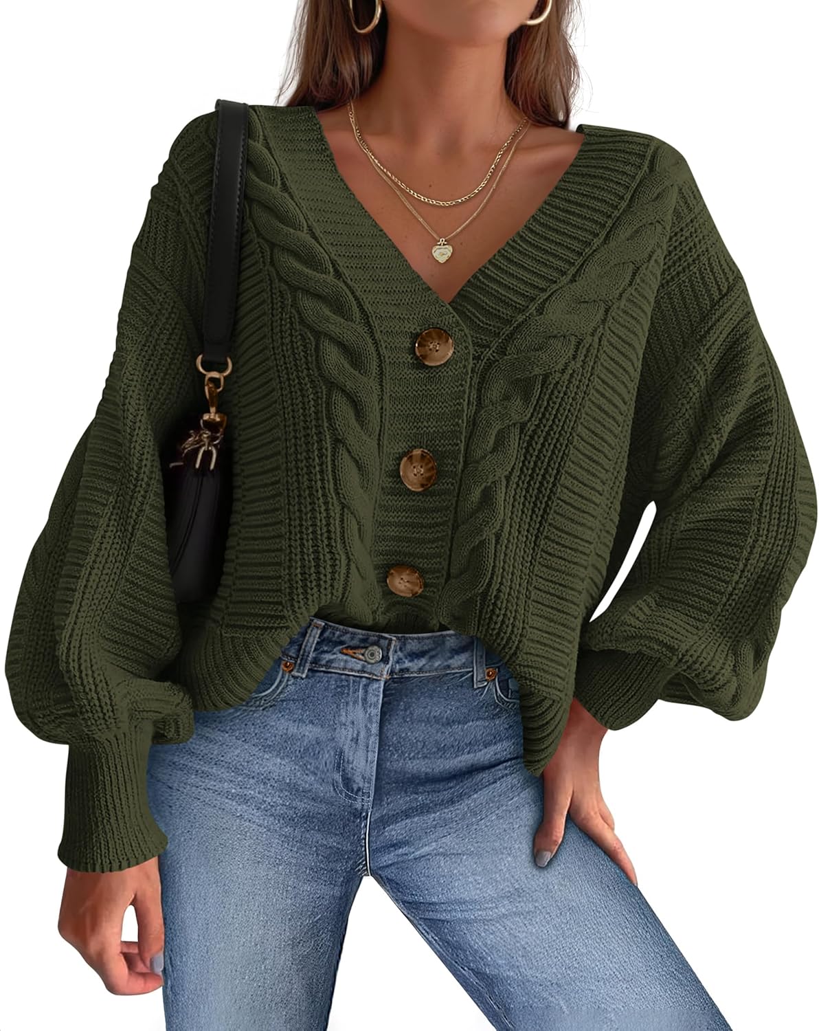 dowerme Cardigan Sweaters for Women Fall Fashion 2025 V Neck Long Sleeve Chunky Cable Knit Sweaters Button Loose Outwear