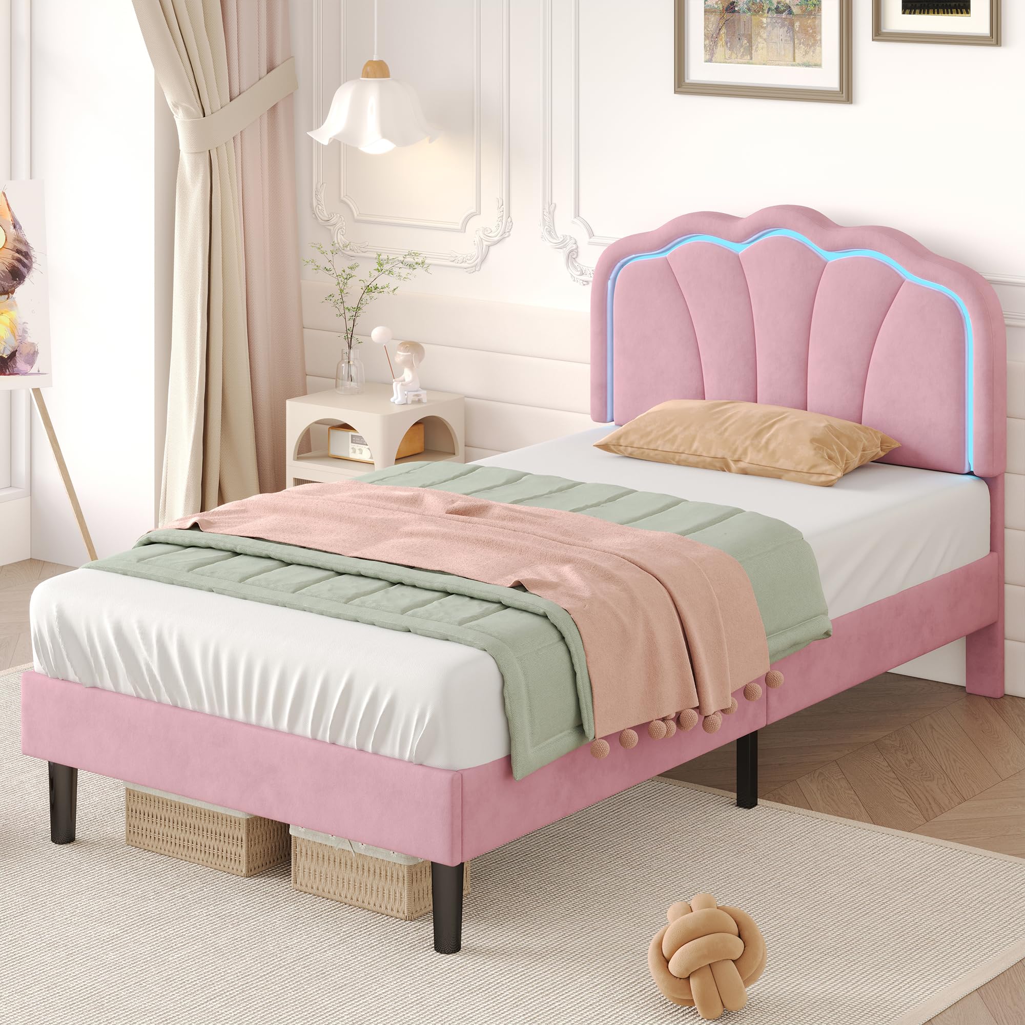 LANTRO JS Girls Single Bed 3ft 90x190cm, Single Bed Frame with Shell Shaped LED Headboard, Kids Bed Frame with Wooden Slats, without Mattress, Pink