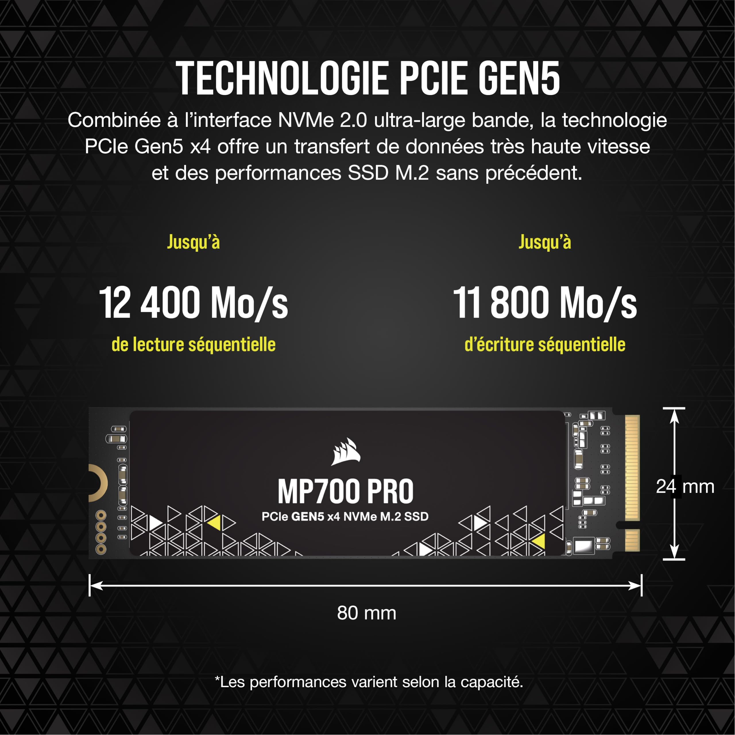 Corsair MP700 Pro 1 to M.2 PCIe Gen5 x4 NVMe 2.0 SSD - M.2 2280 - Jusqu'à 11 700 Mo/s en Lecture Séquentielle - TLC NAND Haute Densité - Noir