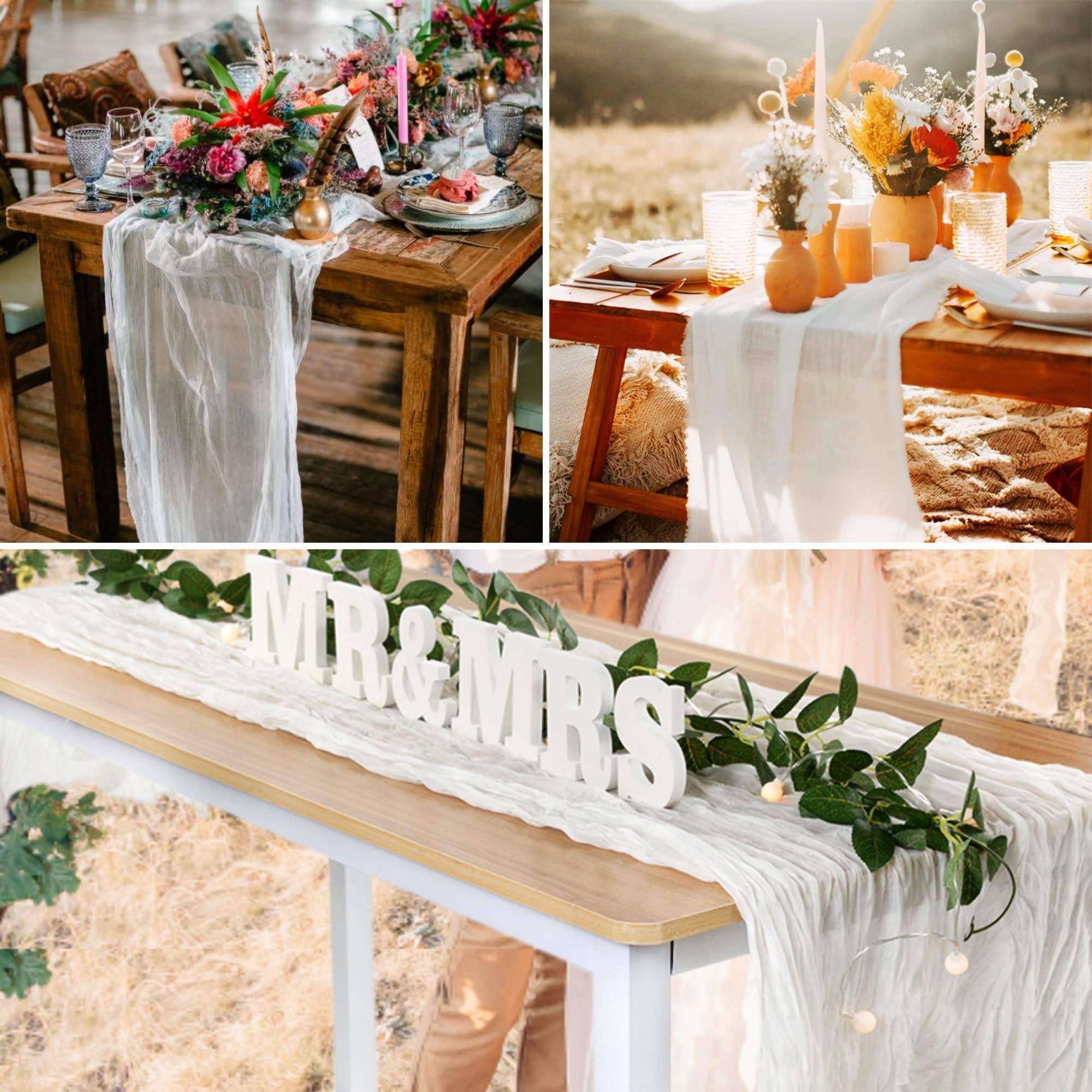 Biały bieżnik na stół z gazą, 30 x 300 cm, boho, romantyczny bieżnik na stół, na ślub, dla panny młodej, baby shower, jesień, urodziny, przyjęcie, dekoracja bożonarodzeniowa, 8 szt