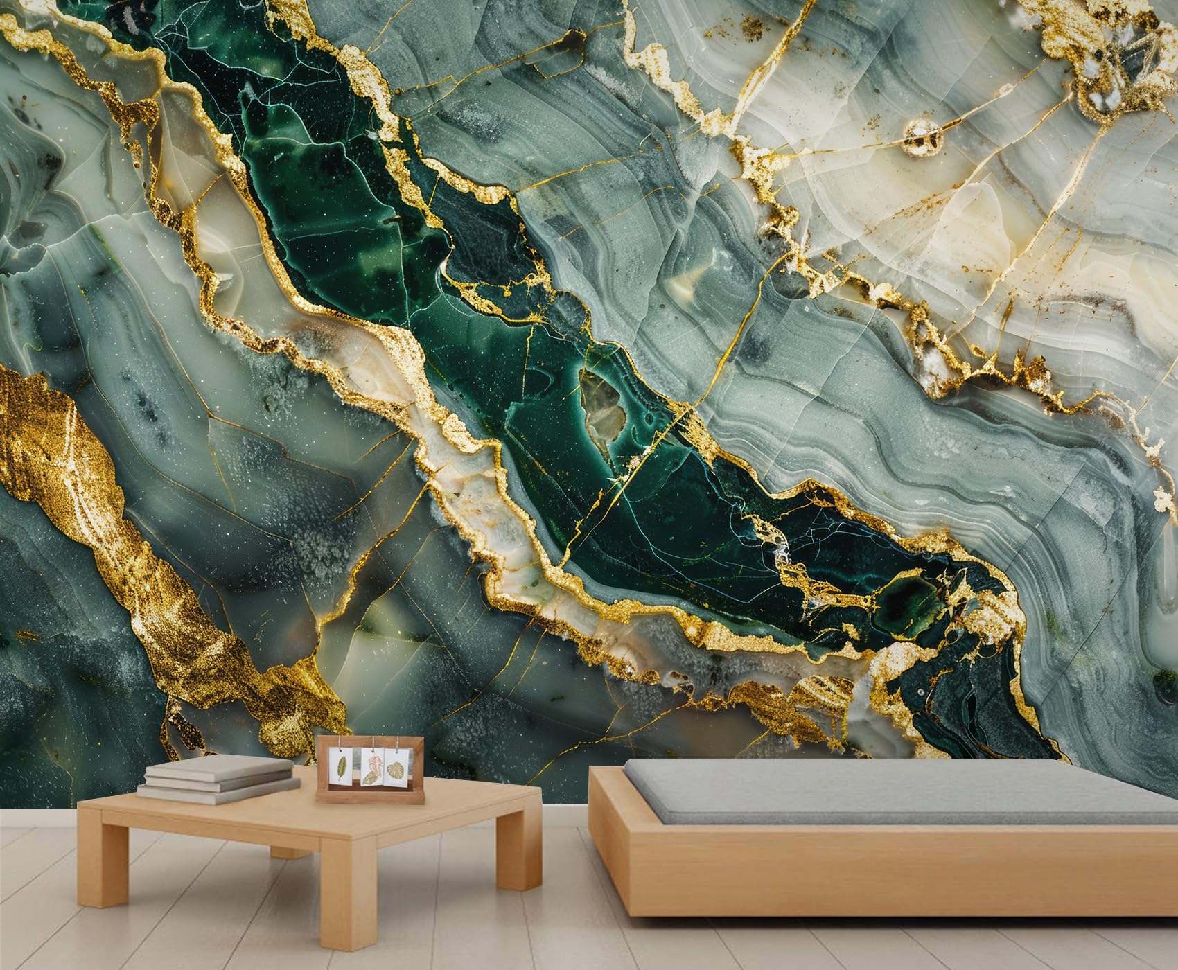 Jadeite Marble Mural Luxury Green Gold Marble Wallpaper Abstract Stone Crack Mural Modern Art Wall Murals for Living Room Bedroom Dining Room 365 x 254 cm