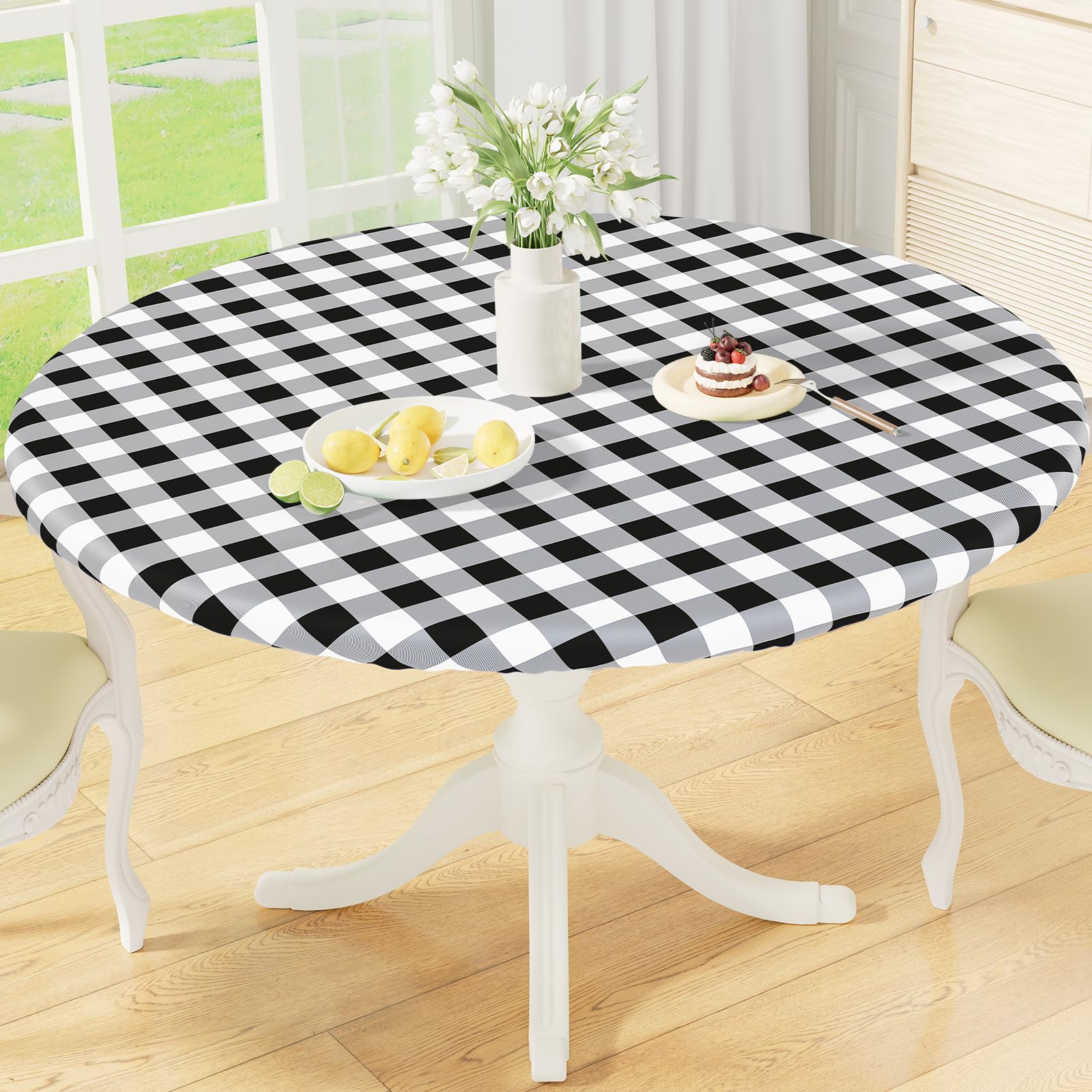 misaya Round Fitted Tablecloth with Elastic Edge, Buffalo Plaid Waterproof Vinyl Flannel Backed Table Cloth Cover Fits 18"-24" Round Tables for Dinner, Outdoor, Picnic, Black White Check