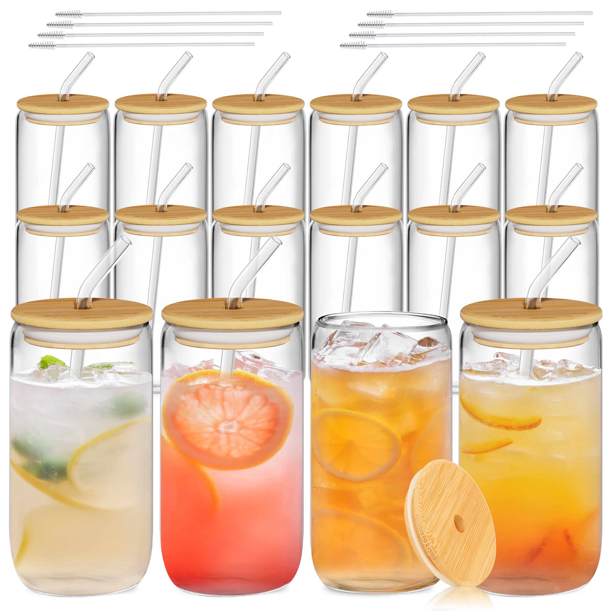 16oz glass cups with bamboo lids and glass straws - 16pcs drinking glasses set, iced coffee cup, glasses tumbler for coffee, juice, tea, soda, smoothie, cocktail include cleaning brushes & gift boxes
