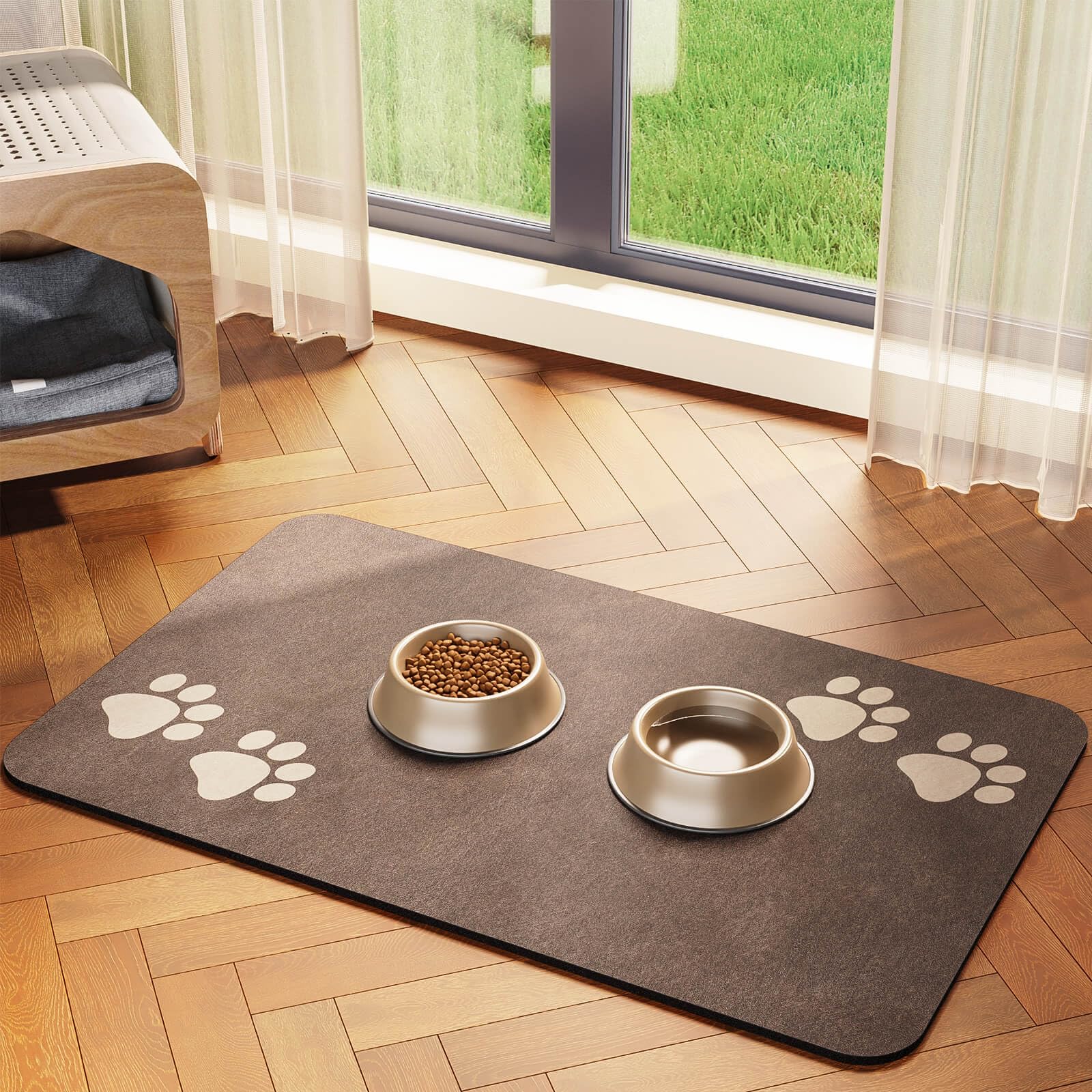 Cat & Dog Feeding Mat for Food and Water Bowl, Absorbent-No Stains Quick Dry Dog Water Bowl Dispenser Mat, with Waterproof-Anti-Slip Rubber Backing Pet Placemat for Messy Drinkers, Brown-17 x27