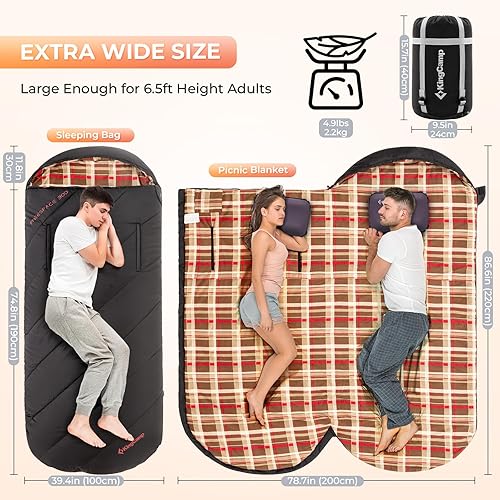 Miniatura 10 de KingCamp Saco de dormir para adultos, saco de dormir de franela extra ancho para camping, mochileros, clima cálido y frío, grande y alto, ligero,