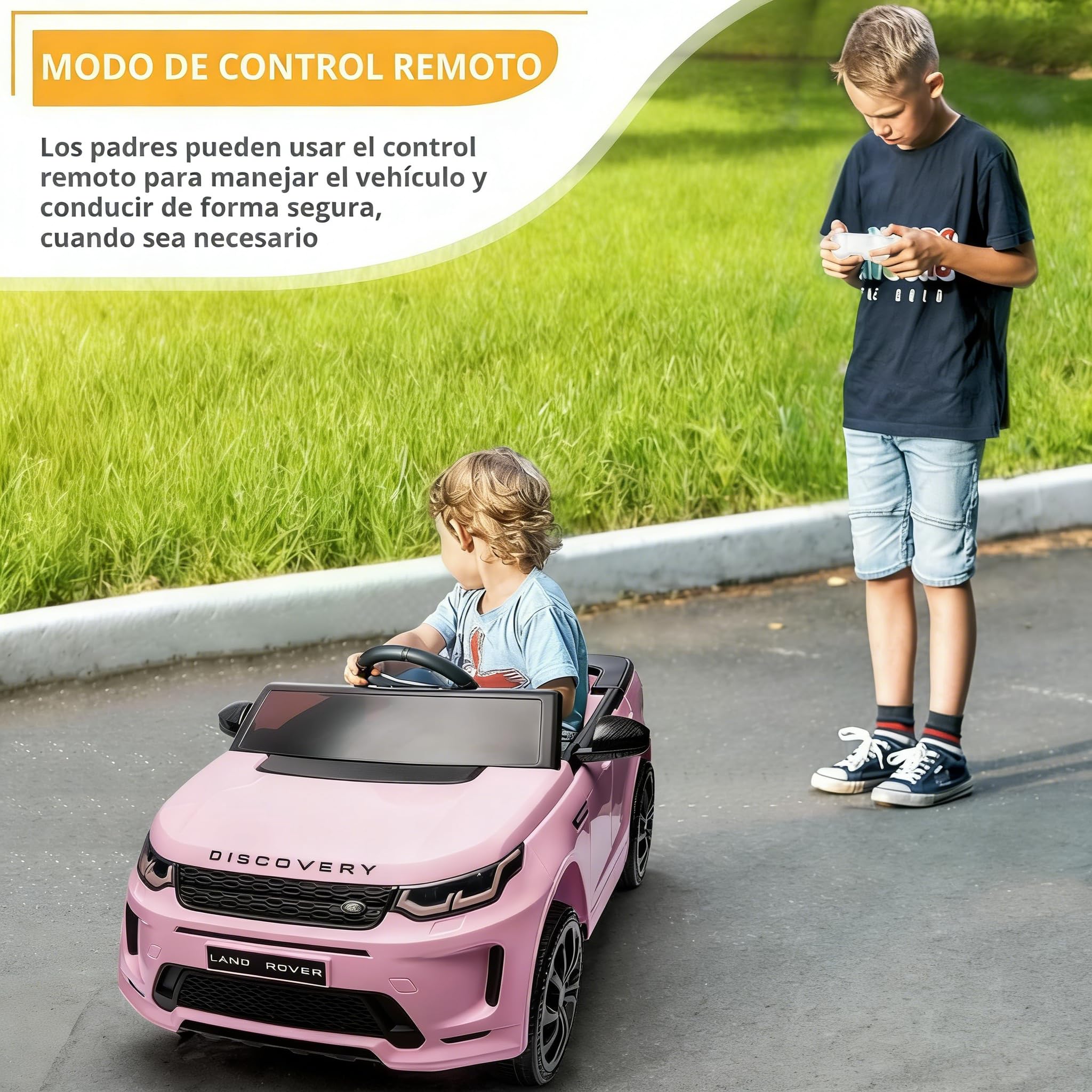 LALAHO Coche Eléctrico para Niños Land Rover Discovery Sport 12V con Doble Motor, 3-5 km/h Auto Eléctrico para Niños de 3 a 5 Años, Suspensión, MP3, Mando a Distancia (Rosa)