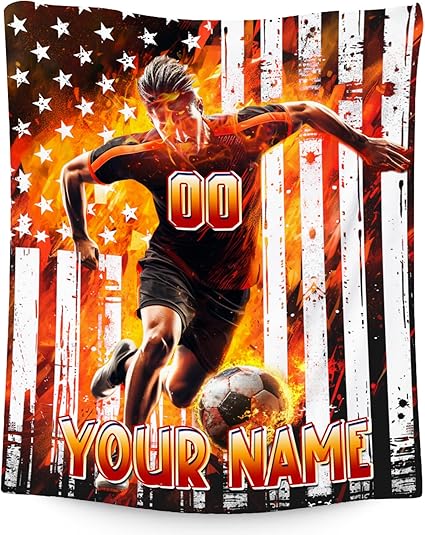 Soccer Blanket for Boys, Personalized Kids Throw Blankets, Custom Soccer Gifts for Son, Warm Flannel Sports Theme Throw for Kids Teens, 50"x60"