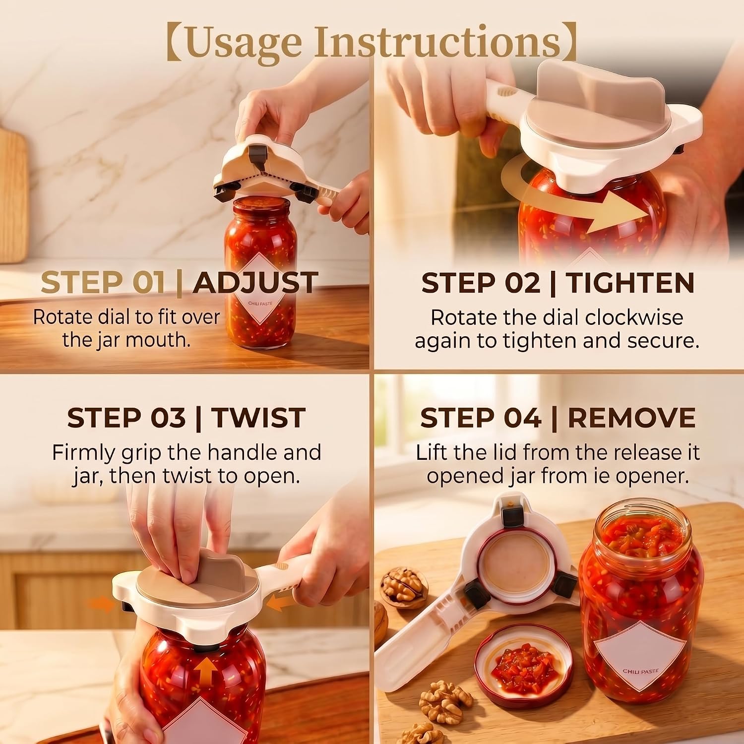 [HuaRayex] 4-in-1 Jar Opener for Weak Hands, Effortless Adjustable Lid Gripper