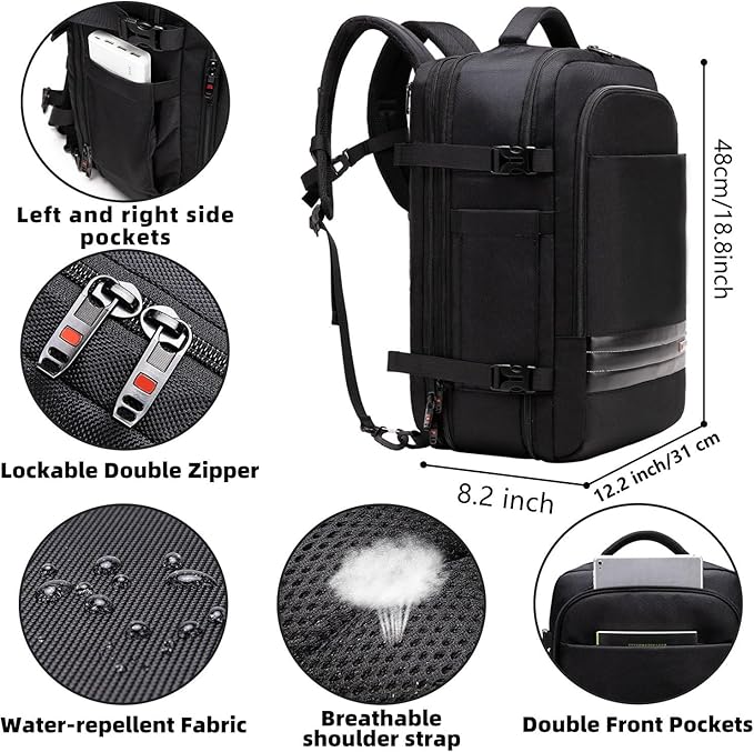 Asenlin Travel Backpack for Women Men, 40L-50L Laptop Backpack Black