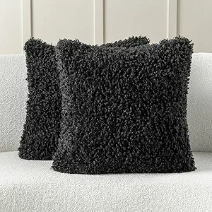 FUTEI Black Decorative Throw Pillow Covers 26x26 Inch Set of 2,Soft Fluffy Faux Wool Fur Boucle Textured Euro Pilllow Sham,Modern Home Decor for Couch Bed Living Room Office