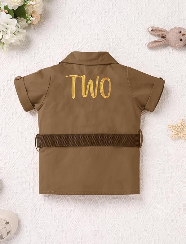 OBEEII Toddler Boys Safari Outfit Infant Explorer Wild Two Year Birthday Short Sleeve T-shirt Top Shorts Set Giraffe Zoo Keeper Jungle Cake Smash Photoshoot Outfits + Hat + Belt Brown-2Y 2-3 Years by OBEEII - Image 3