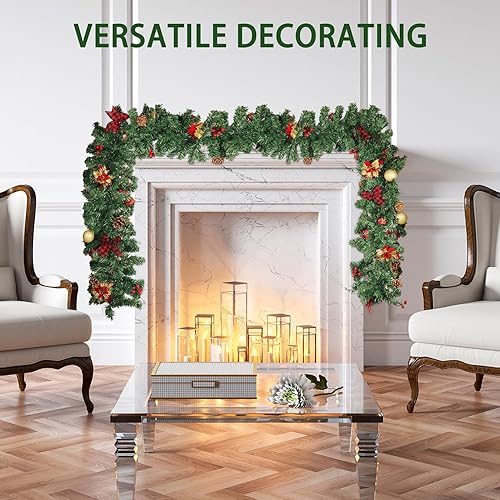 Miniatura 6 de Guirnalda de Navidad con luces, corona de Navidad preiluminada de 9 pies con 50 luces blancas cálidas, 8 modos de iluminación, guirnalda de pino