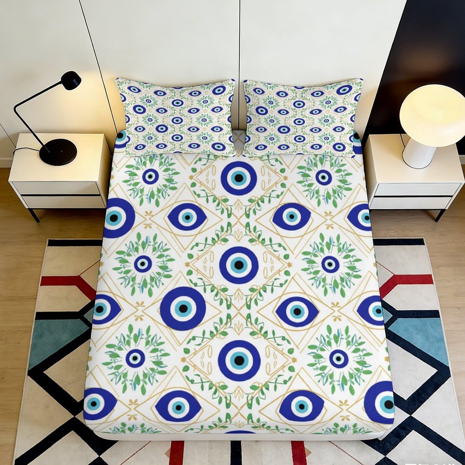3D Printed evil eye Fitted Sheet with green blue pattern, soft touch Microfiber, non-slip, machine washable, apartment bedding, bedroom decor, mattress protection, home use, 112 90x200x25cm