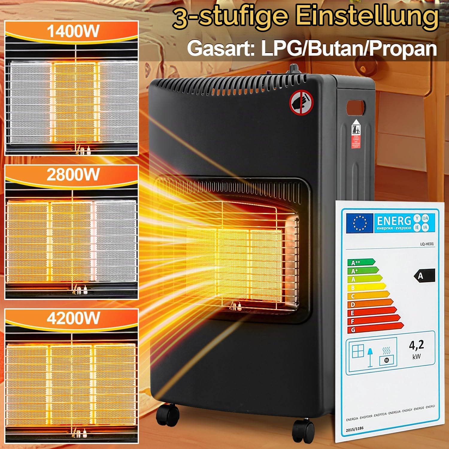 Gasheizofen Gasheizung innen 3 Stufen Regler Wärmeleistung 1400-4200 Watt max. Heizvolumen 80 Kubikmeter Butan- oder Propangasflaschen bis 10 kg verwendbar inkl Gasdruckregler und Gasschlauch