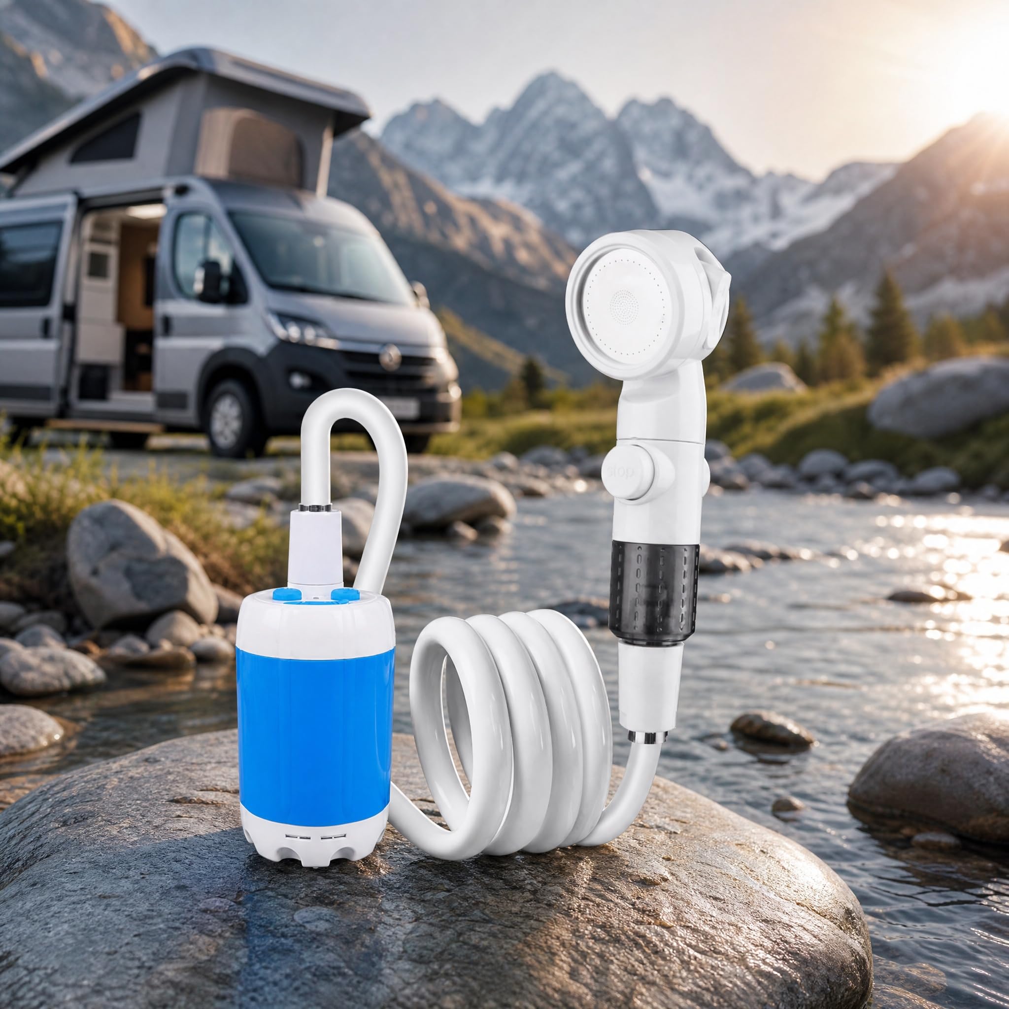 Douche De Camping Portable 12v avec Pompe Immergée, Pompe Douche Camping, Kit Complet avec Tuyau 2,2m, Compacte Légère Débit Réglable pour Camping Plage Jardin Randonnée Extérieur