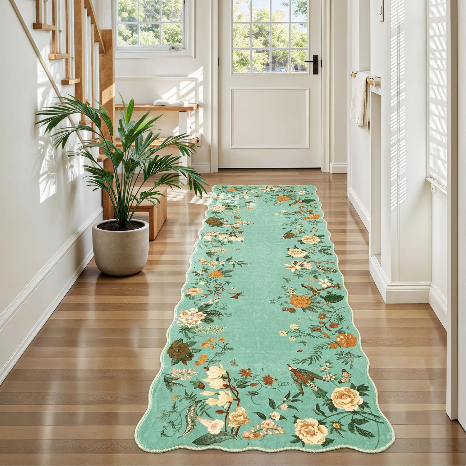 Rugflix 2x6 Runner Rug for Hallway, Washable Kitchen Runner Non Slip, Soft Low Pile Entryway Carpet, Vintage Floral Stain Resistant Long Laundry Room Rugs for Bedroom, Stairs