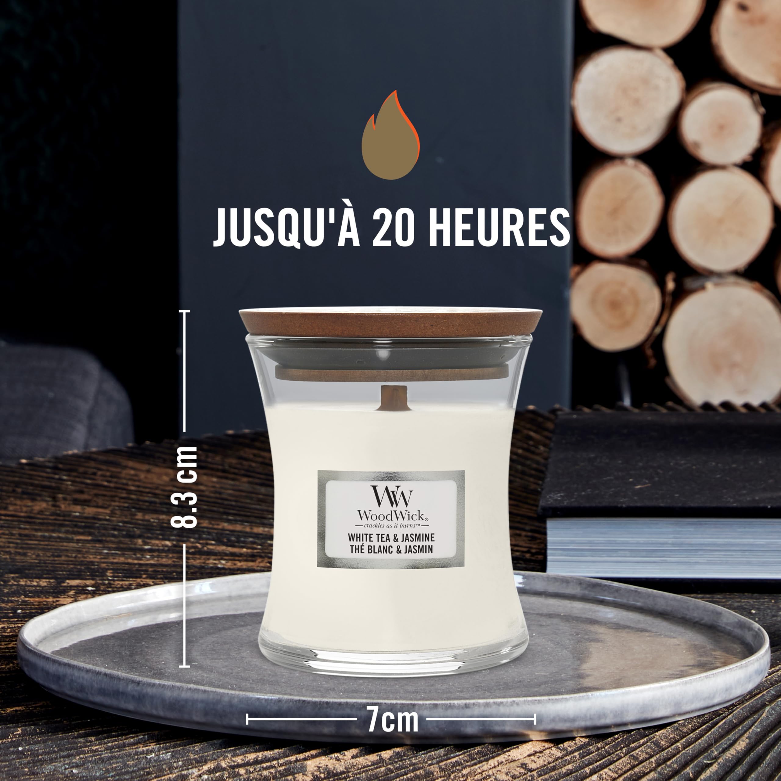 WoodWick bougie parfumée moyenne mèche bois crépitante Thé blanc jasmin 20h combustion