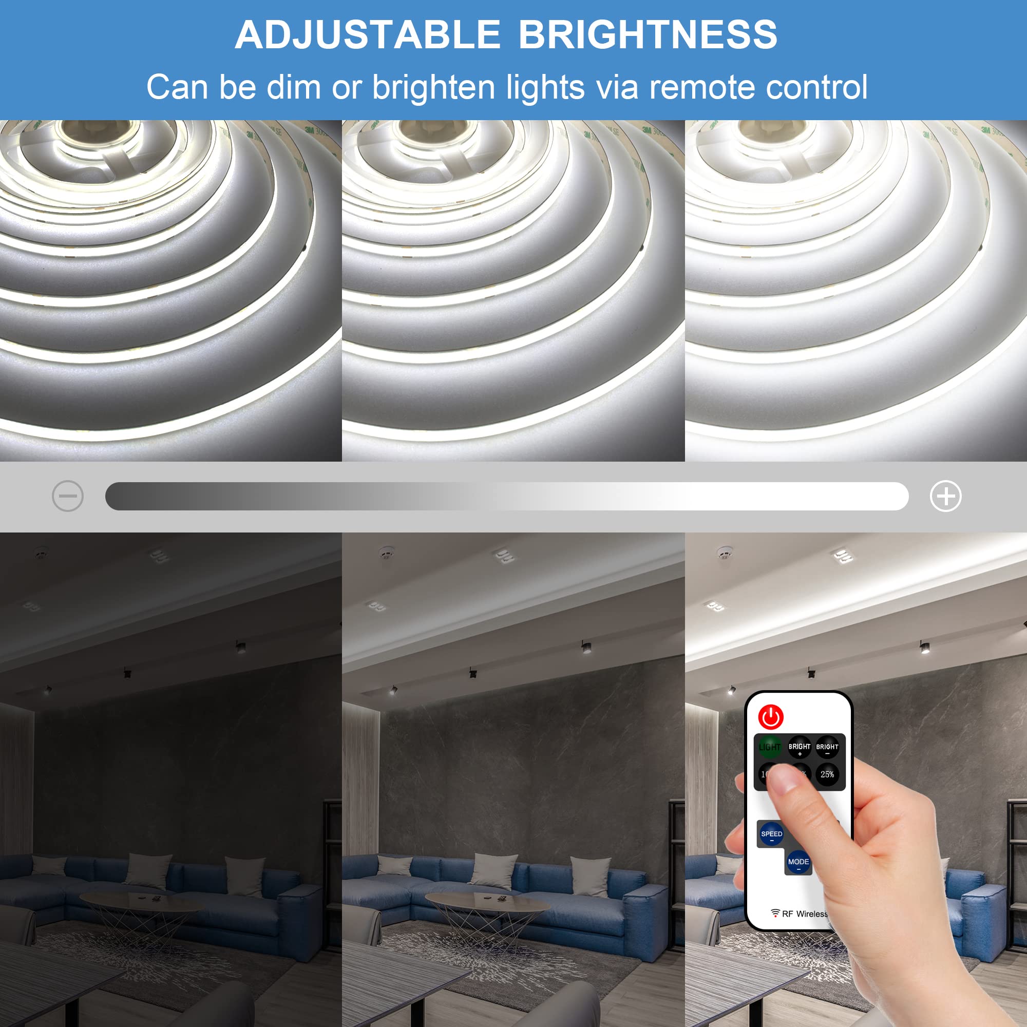 BERIXDEEP Striscia LED COB 5 Metri, Striscia LED Bianco Freddo con Alimentatore e Telecomando, CRI>90, DC24V, 480LEDs/M, Larghezza 8mm, Striscia LED Continua senza Punti Luce, 6000K