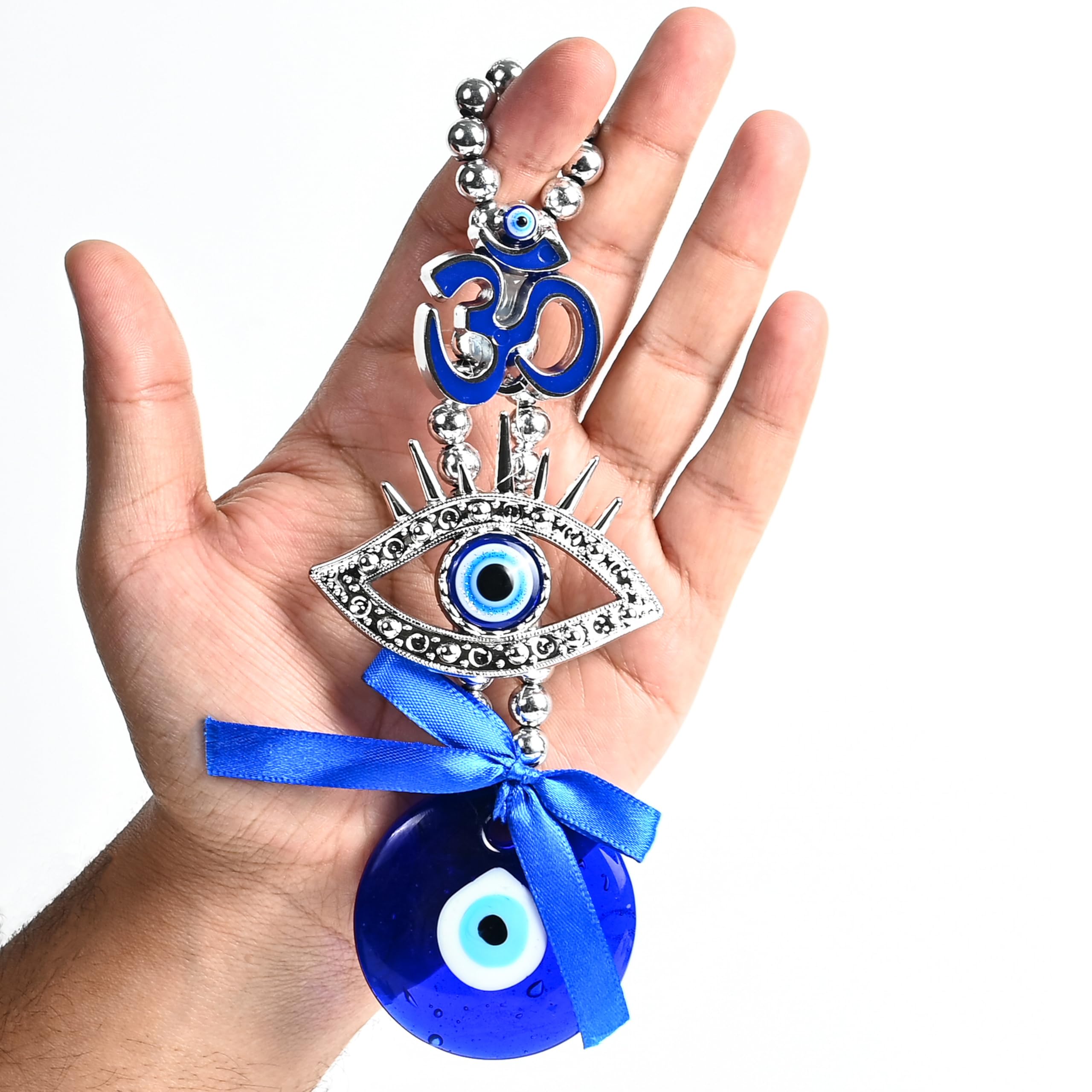 Hindcraft Wall Hanging Decor – Metal Om Design Evil Eye Wall Hanging with Blue Pendant | Spiritual Protection Amulet for Home, Office, Car | Lucky Charm & Wind Chimes for Positive Energy