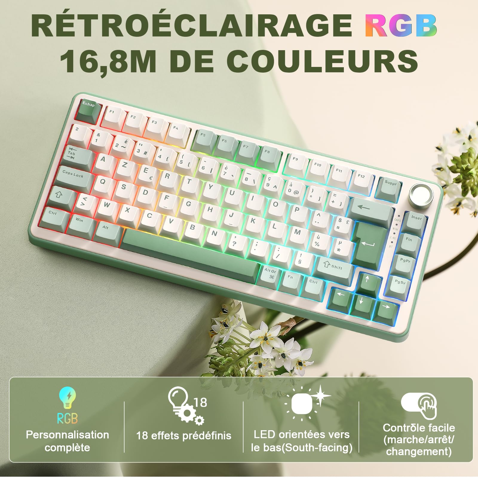 YUNZII B75 PRO Teclado mecánico inalámbrico para juegos, diseño AZERTY, formato 75%, Bluetooth 5.0/2.4GHz/USB-C, RGB, conmutadores intercambiables en caliente, estructura gasket (Matcha Green, Milk | francés. Disposición 75%, Bluetooth 5.0/2,4/USB-C con c