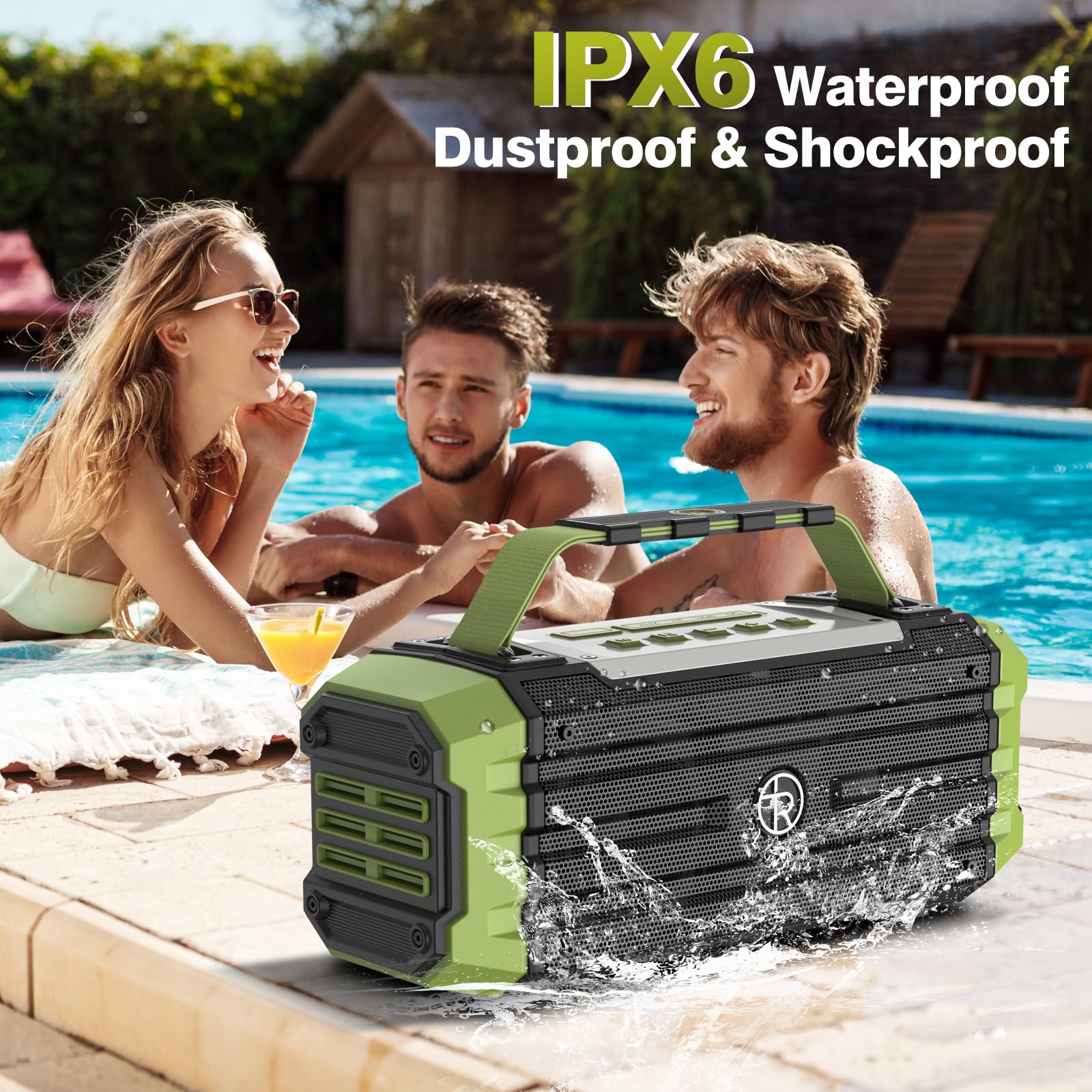 Tragbarer Bluetooth-Lautsprecher, 120 W Peak, 80 W, kabellose Lautsprecher, TWS-Kopplung, tiefer Bass, Hi-Fi-Lautsprecher, IPX6 wasserdicht, DSP-Sound-Boombox für Outdoor, Camping, Party, Strand(Grün)
