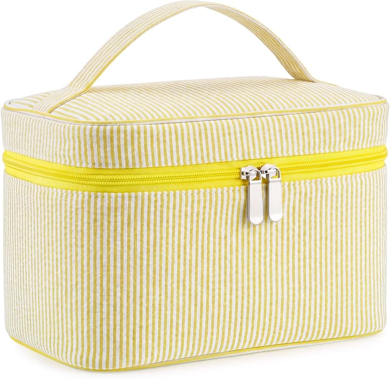 Necessaire grande Huhumy para maquiagem e produtos de higiene, seersucker, amarela, listrada