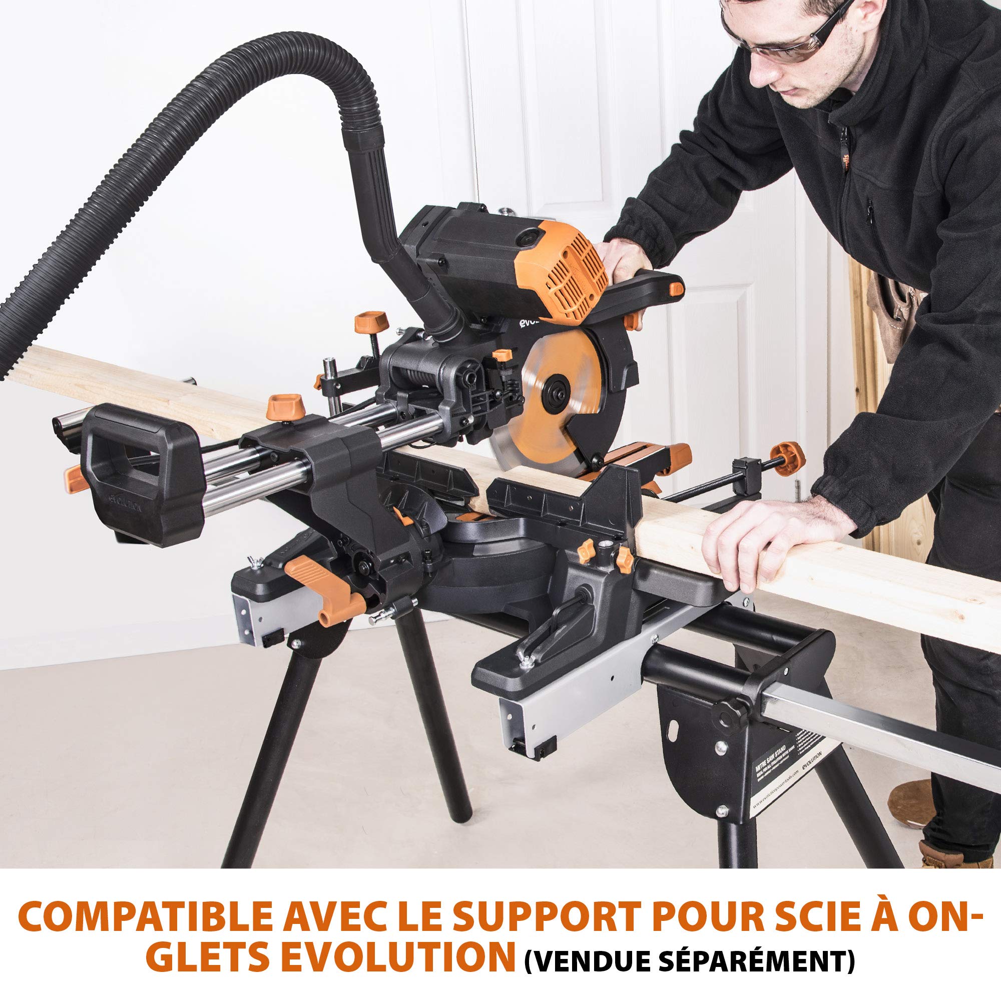 Evolution Power Tools Scie à Onglet Coulissante 255mm R255SMS-DB+ Double Biseau 45-45° Onglet 50-50° Coupe Multi-Matériaux