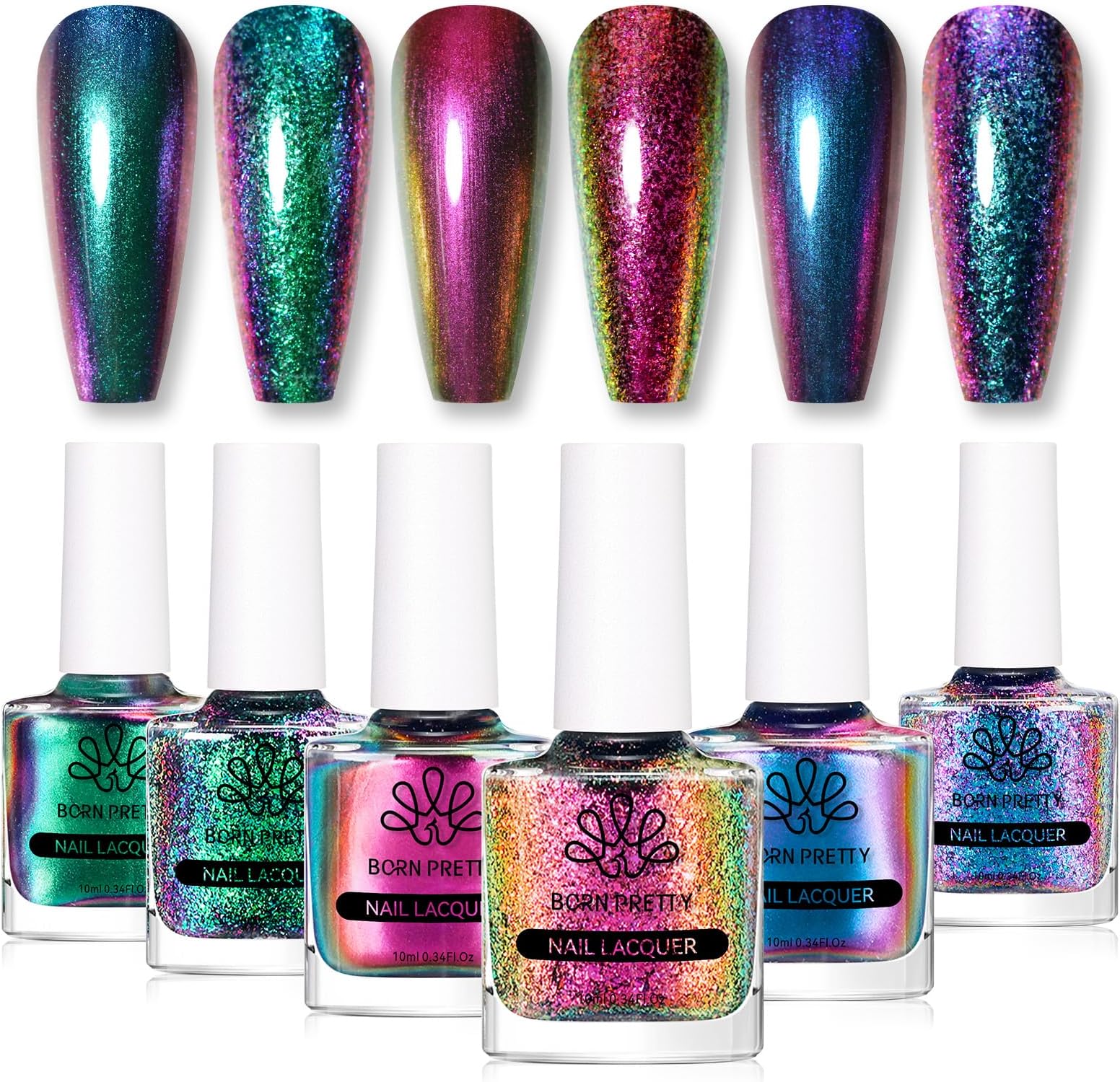 BORN PRETTY Chameleon Nail Polish 6 Colors Holographic Glitter Quick Dry Nail Polish Shimmer Iridescent Chrome Nail Varnish