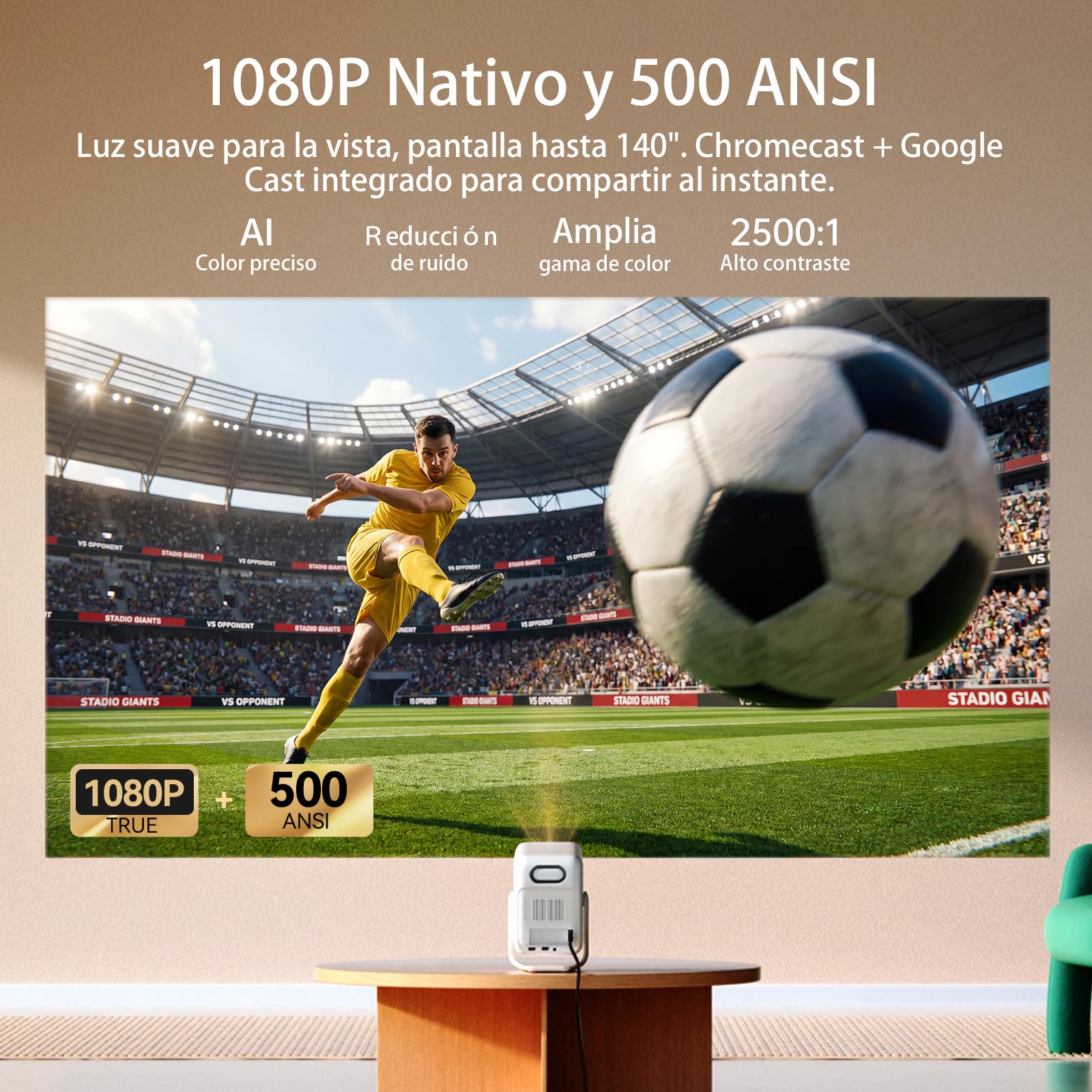 Wanbo T2 Ultra Proyector Google TV 500 ANSI, Widevine L1, Óptica Sellada, Enfoque Automático IA, Sonido DSP de 10W, WiFi Bluetooth, FHD 1080P, Rotación de 120°, Pantalla de 140" para Cine en Casa