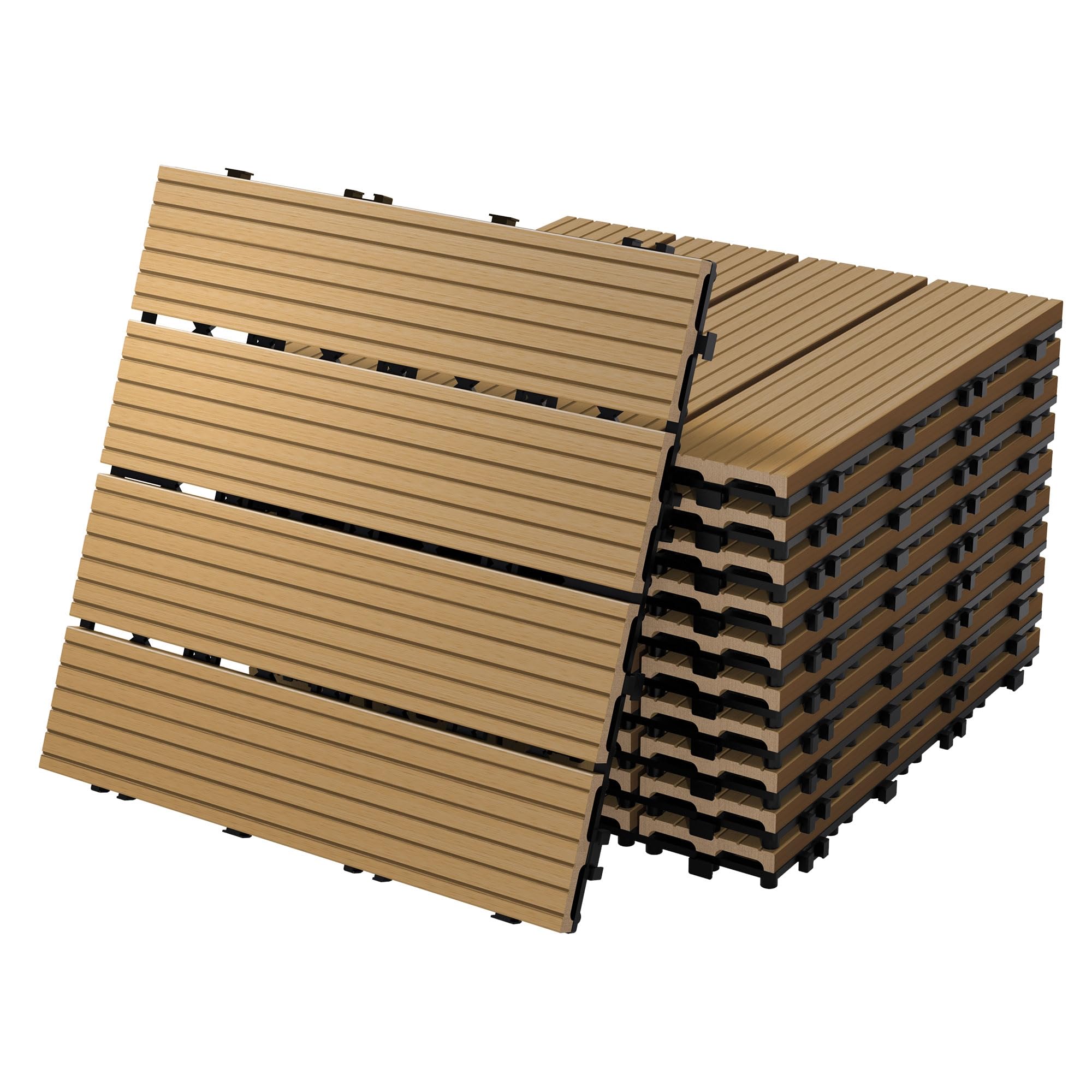 ECD Germany WPC Terrassenfliesen 30x30 cm/11 Fliesen=1m², Teak, geriffelt, Holzoptik, Bodenbelag mit Klicksystem und Drainage, Terrassendielen Balkonfliesen, Klickfliesen für Terrasse Garten Balkon
