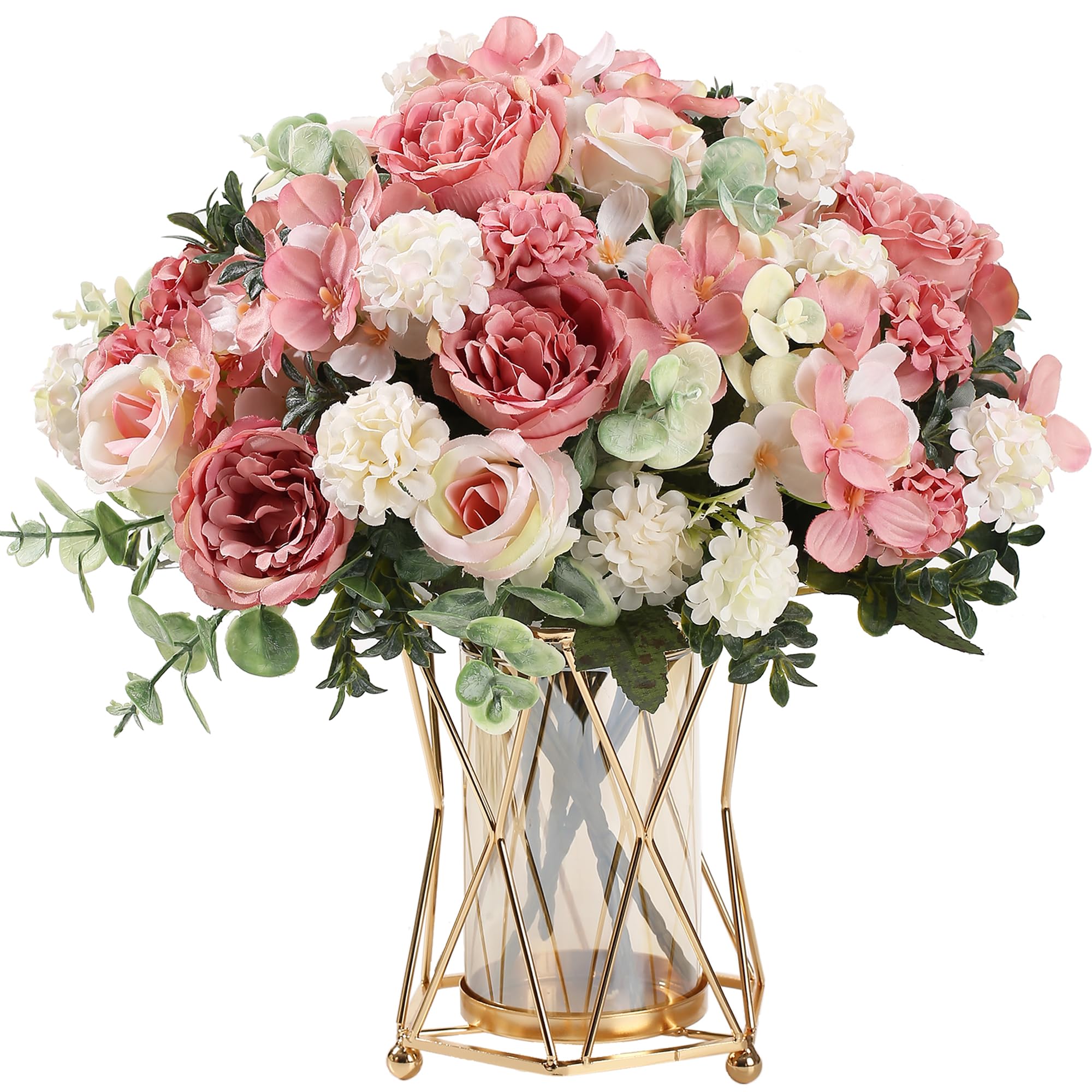 HNVNER 4 Bündel Künstliche Bblumen wie Echt, Seiden Kunstblumen Rosa, Künstlich Rosen Pfingstrosen Fake Blumenstrauß für Hochzeit Partei Heim Küche Dekor