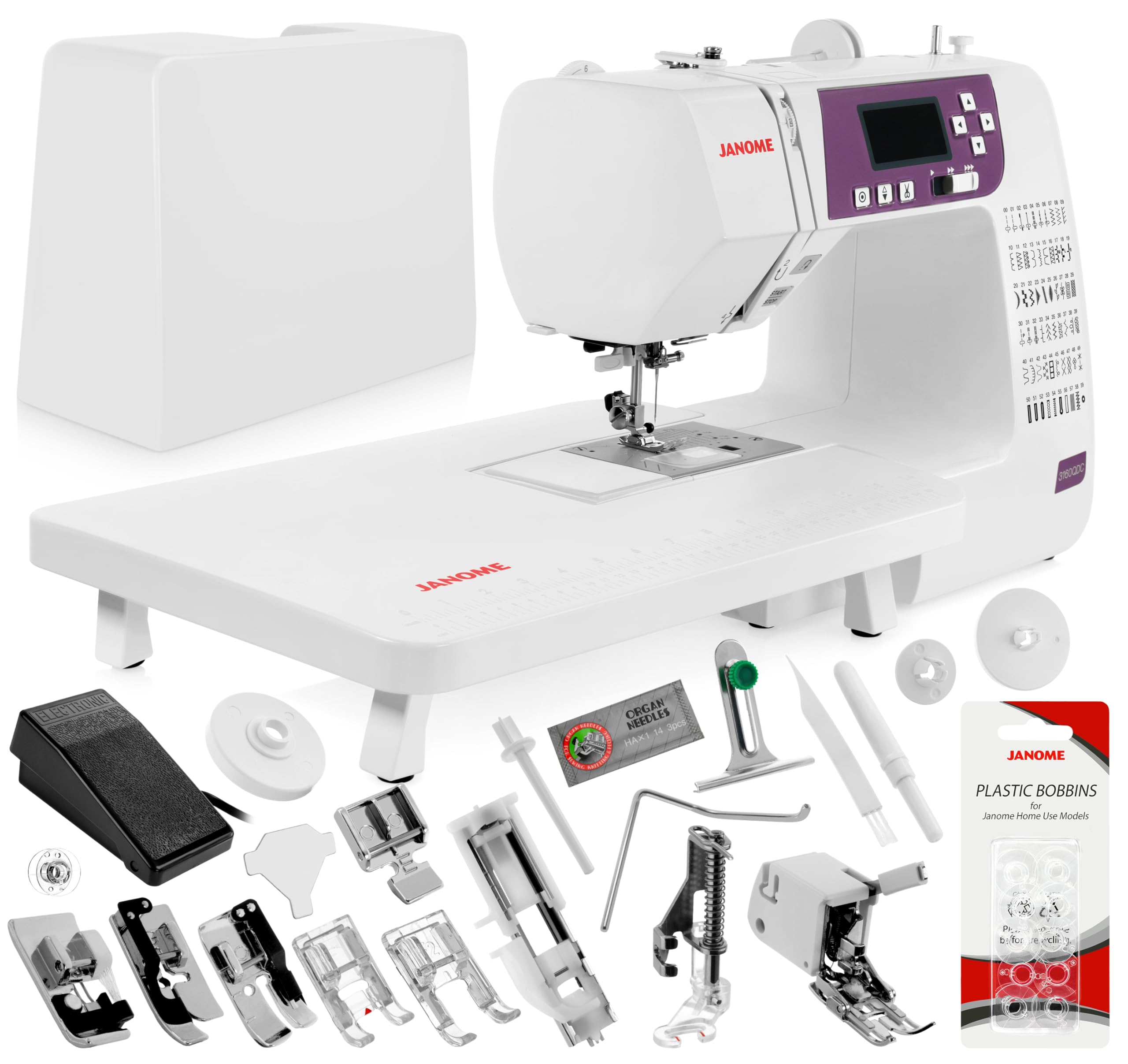 Janome3160QDC-G Computerized Quilting and Sewing Machine Bundle - Includes Bonus Quilt Kit (Even Feed Foot, Open Toe Darning Foot, 1/4" Seam Foot and More) + 10-Pack Genuine Janome Bobbins
