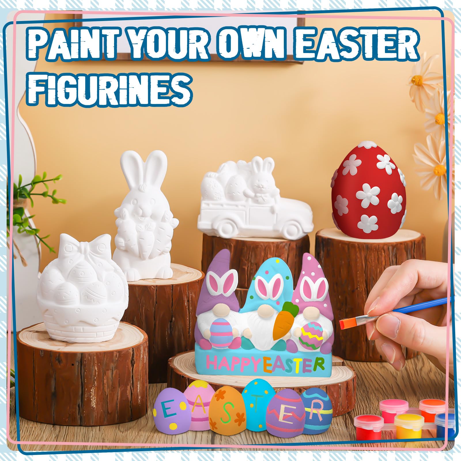 Marsui Lot de 6 figurines de Pâques en céramique à peindre en céramique - Œuf de Pâques - Lapin - Prêt à peindre - Kit de figurines de Pâques non peintes - Avec palette de pinceaux - Décoration de