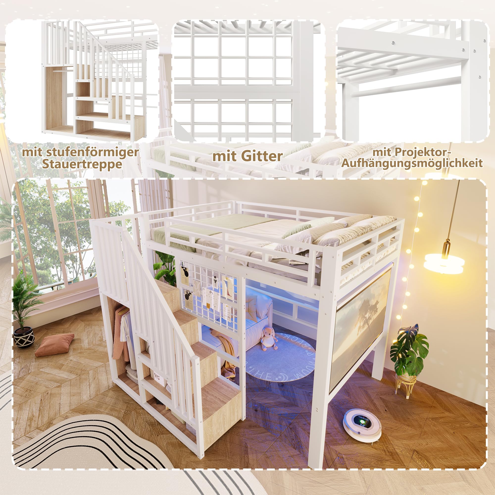 Merax Hochbett 140x200 cm mit Treppe und Stauraum, Metallbett Jugendbett mit LED-Beleuchtung, Gitterwand & Leinwand-Halterung, Platzsparendes Bettgestell (ohne Matratze & Leinwand), Weiß