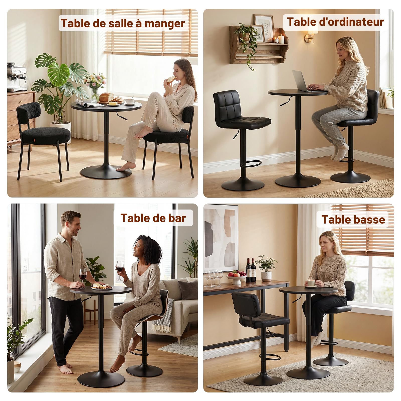 2er Set 2in1 Bartisch Runder Bistrotisch, Stehtisch 360° Drehbar Höhenverstellbar 70–91.5cm, Ø 60cm Partytisch aus Metall für Klub Wohnzimmer Küche Balkon Bar, Schwarz