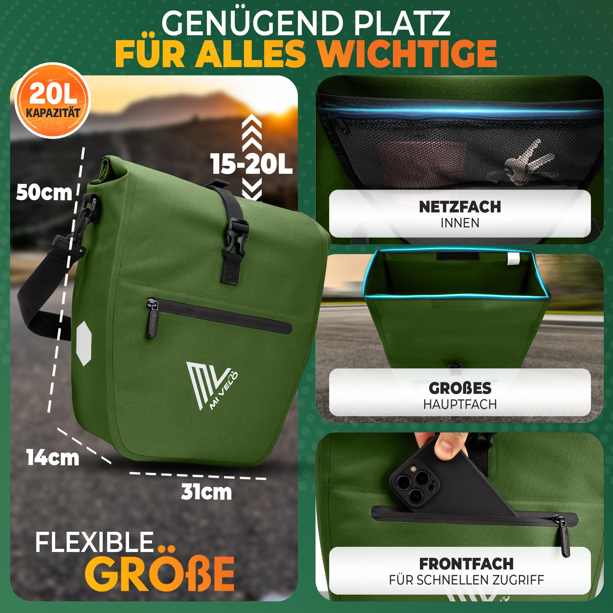 MIVELO Sacoche de vélo 2 en 1 pour porte-bagages - Sac de porte-bagages imperméable - Comprend un compartiment rembourré pour ordinateur portable et une bandoulière - Sac pour vélo I Pack Bag 20 L