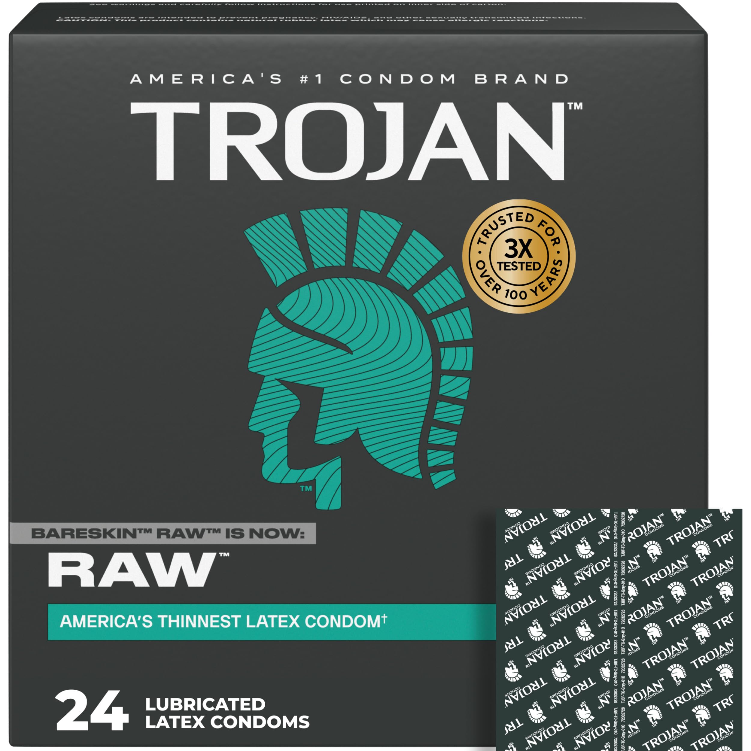 TROJAN BareSkin Raw Ultra Thin Condoms, Lubricated Thin Condoms for Men, America's #1 Condom Brand, 24 Count Pack