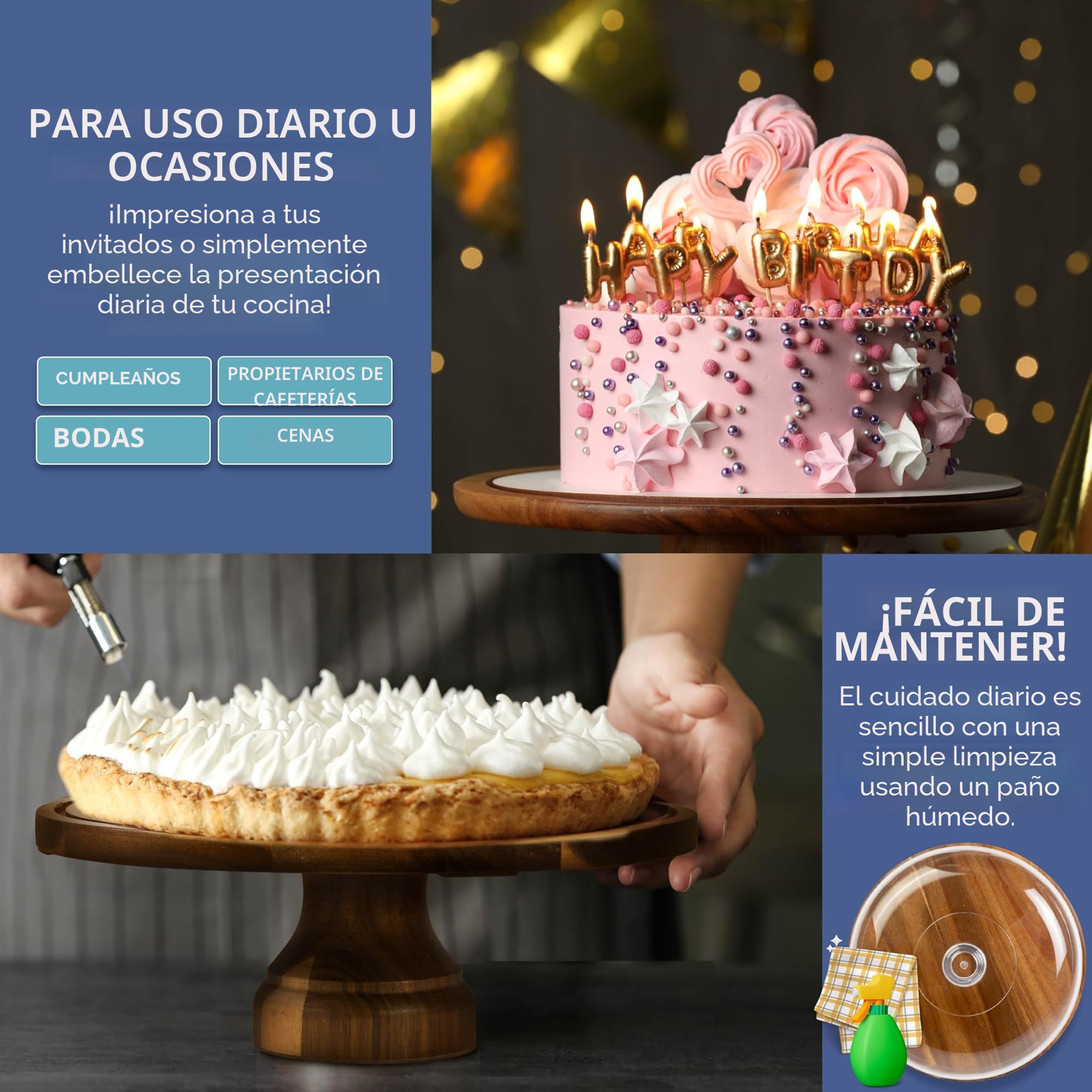 HEFTMAN Soporte para tartas de 10 pulgadas con tapa de cúpula – Soporte de exhibición antideslizante 2 en 1 de madera de acacia con cubierta de cúpula acrílica transparente para pasteles, pasteles