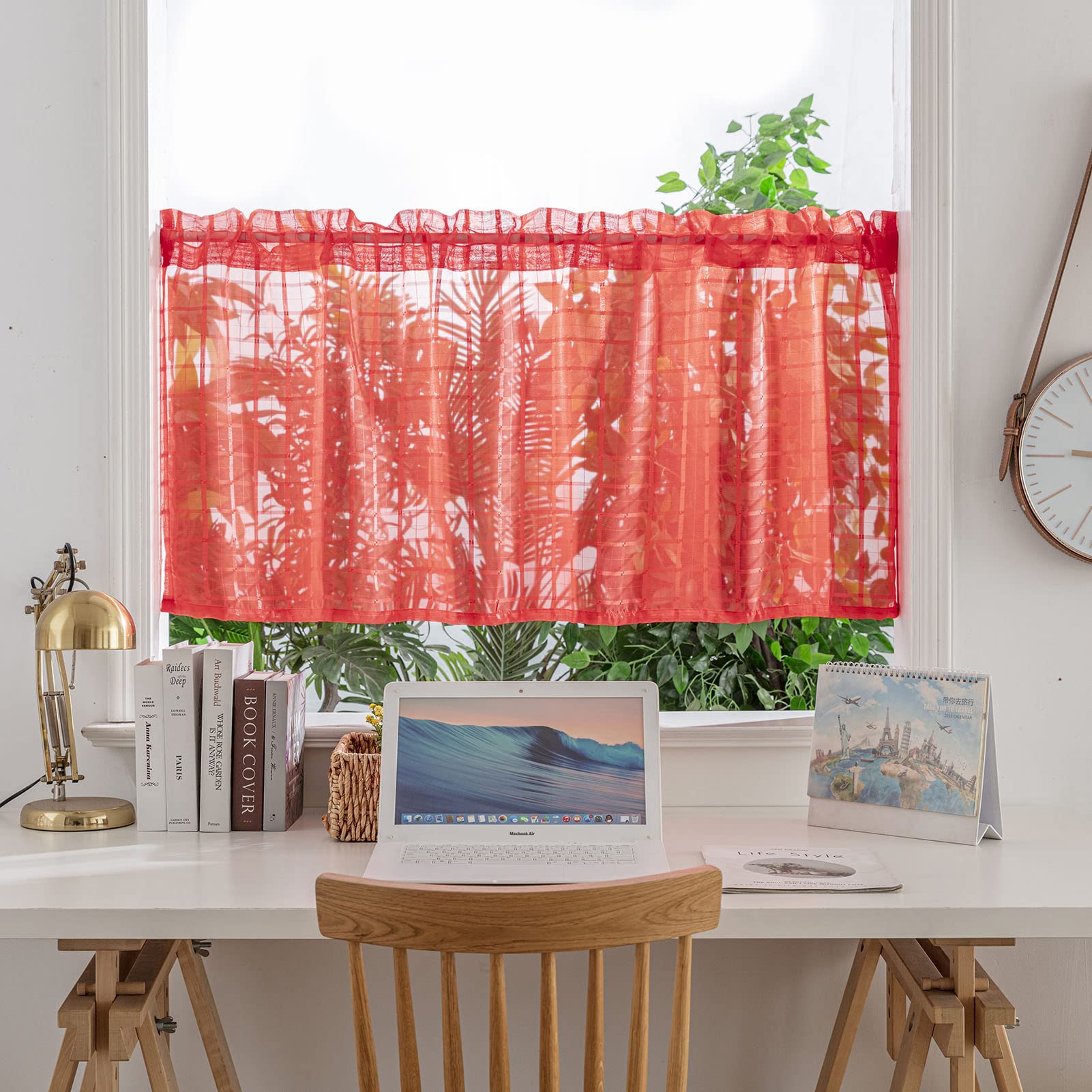 BOYOUTH Plaid Pattern Sheer Short Curtains,Solid Color Rod Pockets Small Window Valance for Kitchen,Cafe,Bathroom,59 Inches by 24 Inches,Red,1 Panel