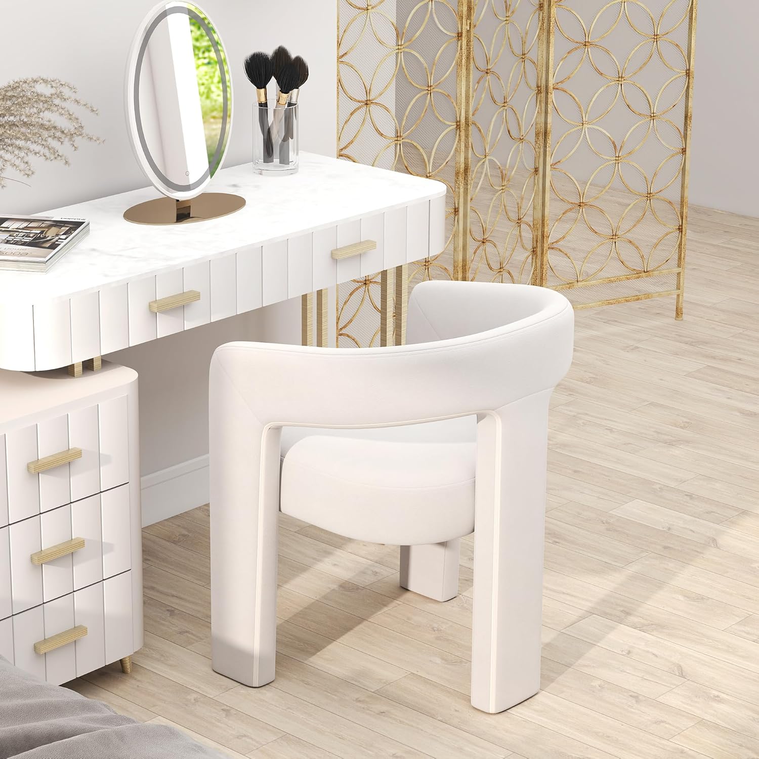 HNY Modern Barrel Kitchen & Dining Room Chair, Velvet Upholstered Accent Chair with Arm, 18.5'' Wide Side Armchair Vanity Chair for Living Room Bedroom Makeup Small Spaces, Ivory