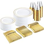 bUCLA 300PCS Gold Disposable Dinnerware Set - White and Gold Plastic Plates - Include 50 Each (Dinner&Dessert) Plates,50 Knives,50 Forks,50 Spoons,50 Cups for Party