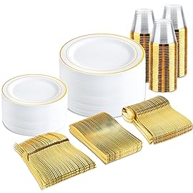 bUCLA 300PCS Gold Disposable Dinnerware Set - White and Gold Plastic Plates - Include 50 Each (Dinner&Dessert) Plates,50 Knives,50 Forks,50 Spoons,50 Cups for Party