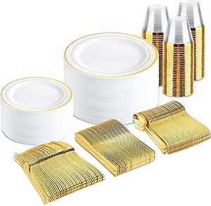 bUCLA 300PCS Gold Disposable Dinnerware Set - White and Gold Plastic Plates Dinnerware 50 Guests - Include 50 Dinner Plates,50 Dessert Plates,50 Knives,50 Forks,50 Spoons,50 Cups for Party&amp;Wedding